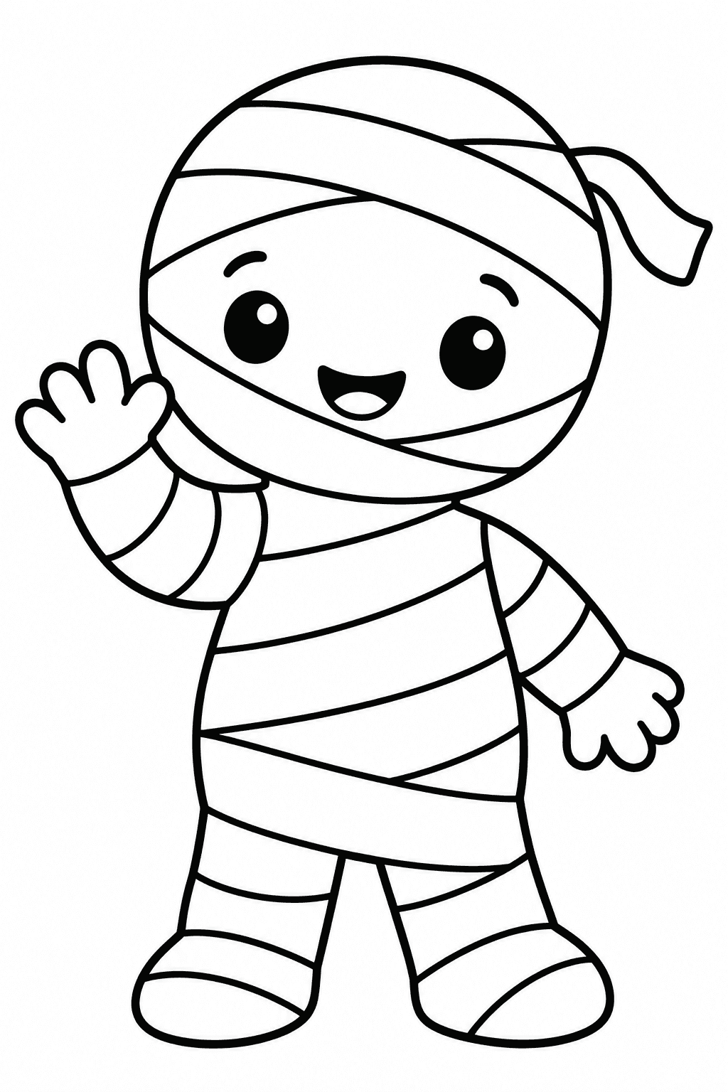 Cute Halloween Mummy coloring page. A waving baby mummy wrapped in broad, easy-to-color bandages.