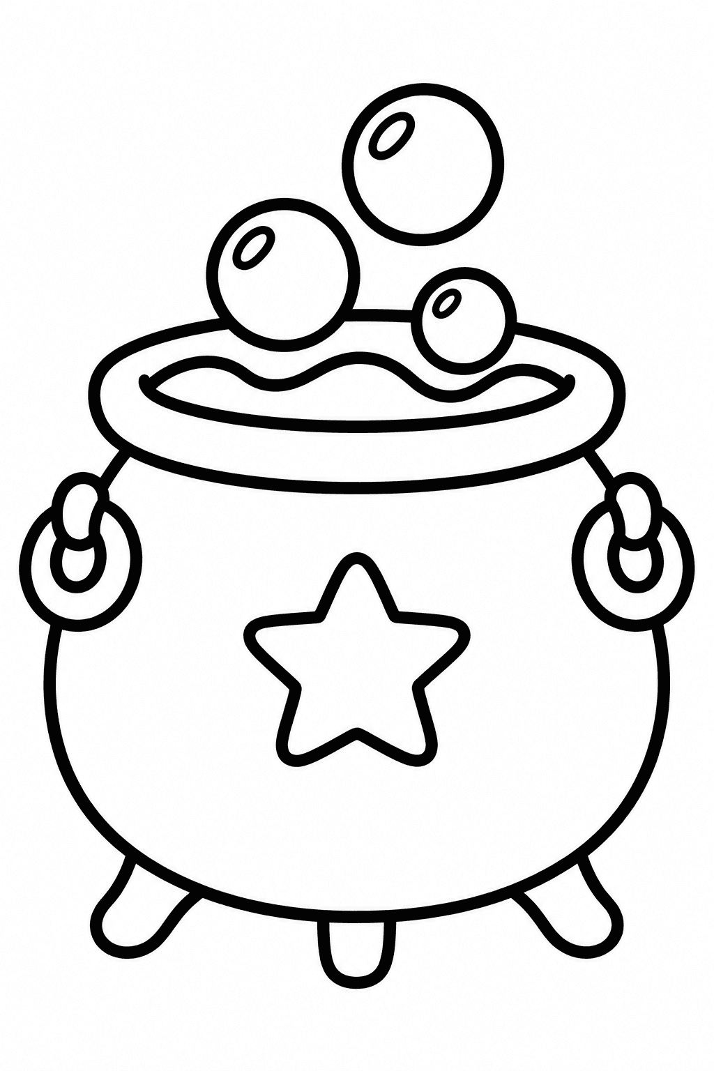 Bubbling Halloween Cauldron coloring page. A rounded cauldron with a large star and three floating bubbles.