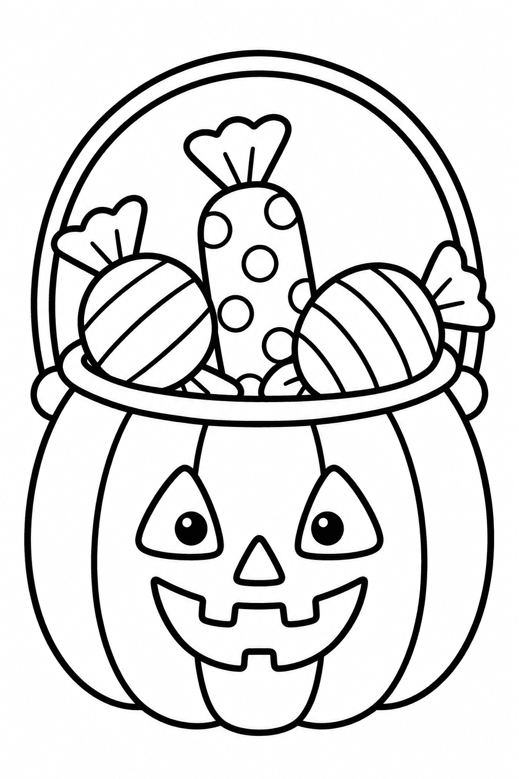 Halloween Candy Bucket coloring page. A pumpkin-shaped candy bucket filled with large wrapped sweets.
