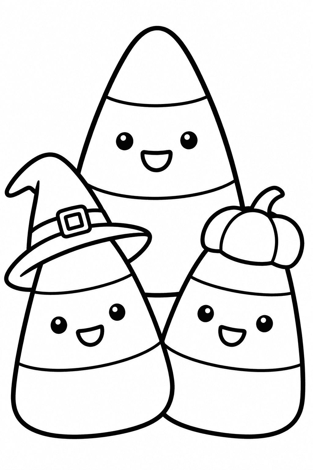 Halloween Candy Corn coloring page. Three smiling candy-corn characters with simple Halloween accessories.