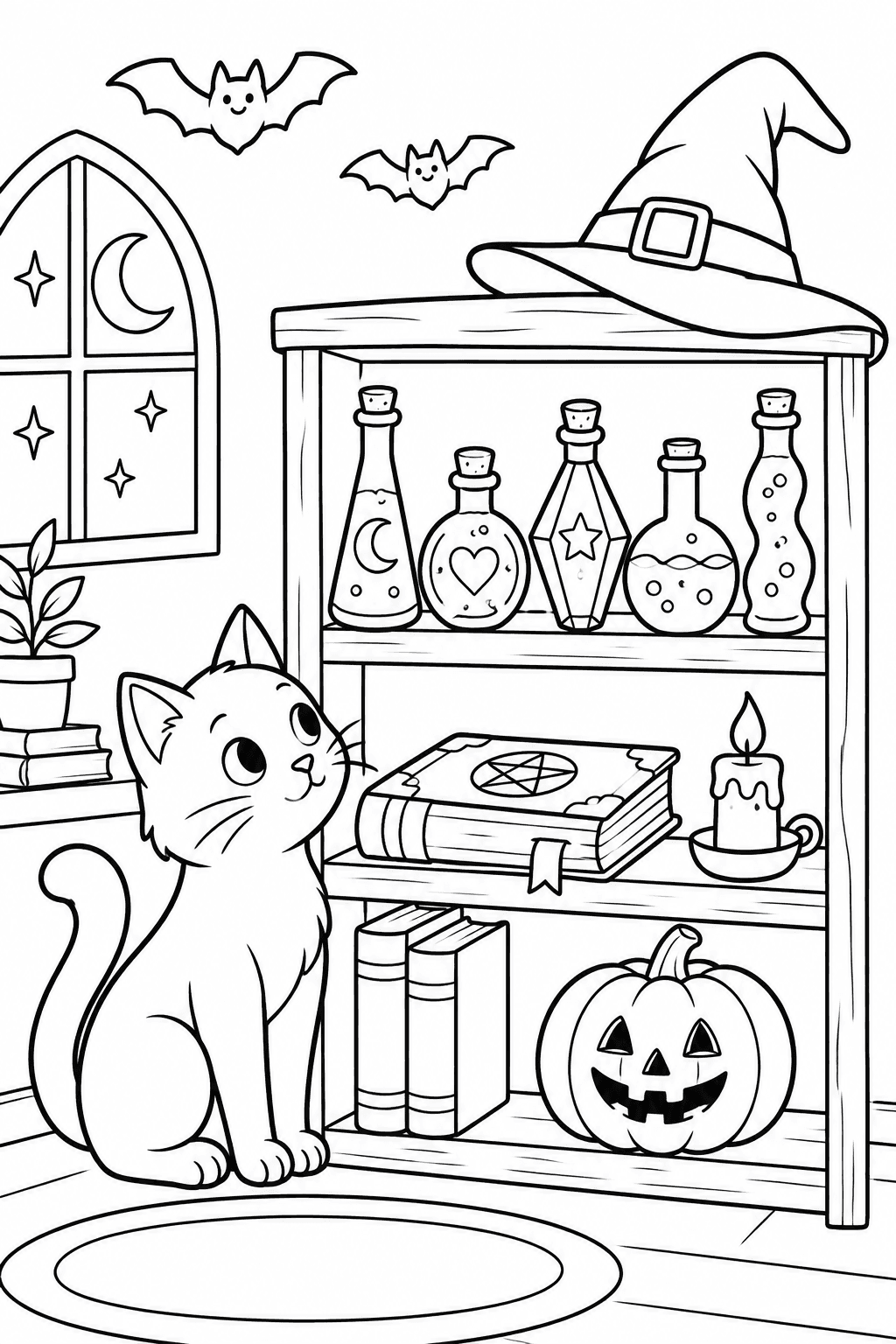 Halloween Cat and Potions coloring page. A curious cat beside a shelf of potion bottles, books, and a candle.