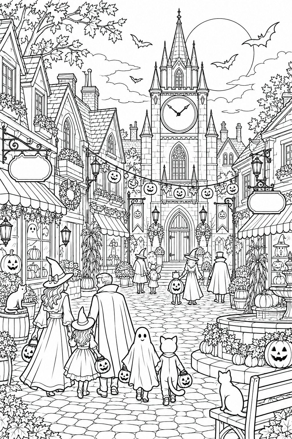 Halloween Clocktower Square coloring page. A quaint Halloween village square with a Gothic clocktower without numbers, decorated shopfronts with blank signs, cobblestones, pumpkin lanterns and costumed families.