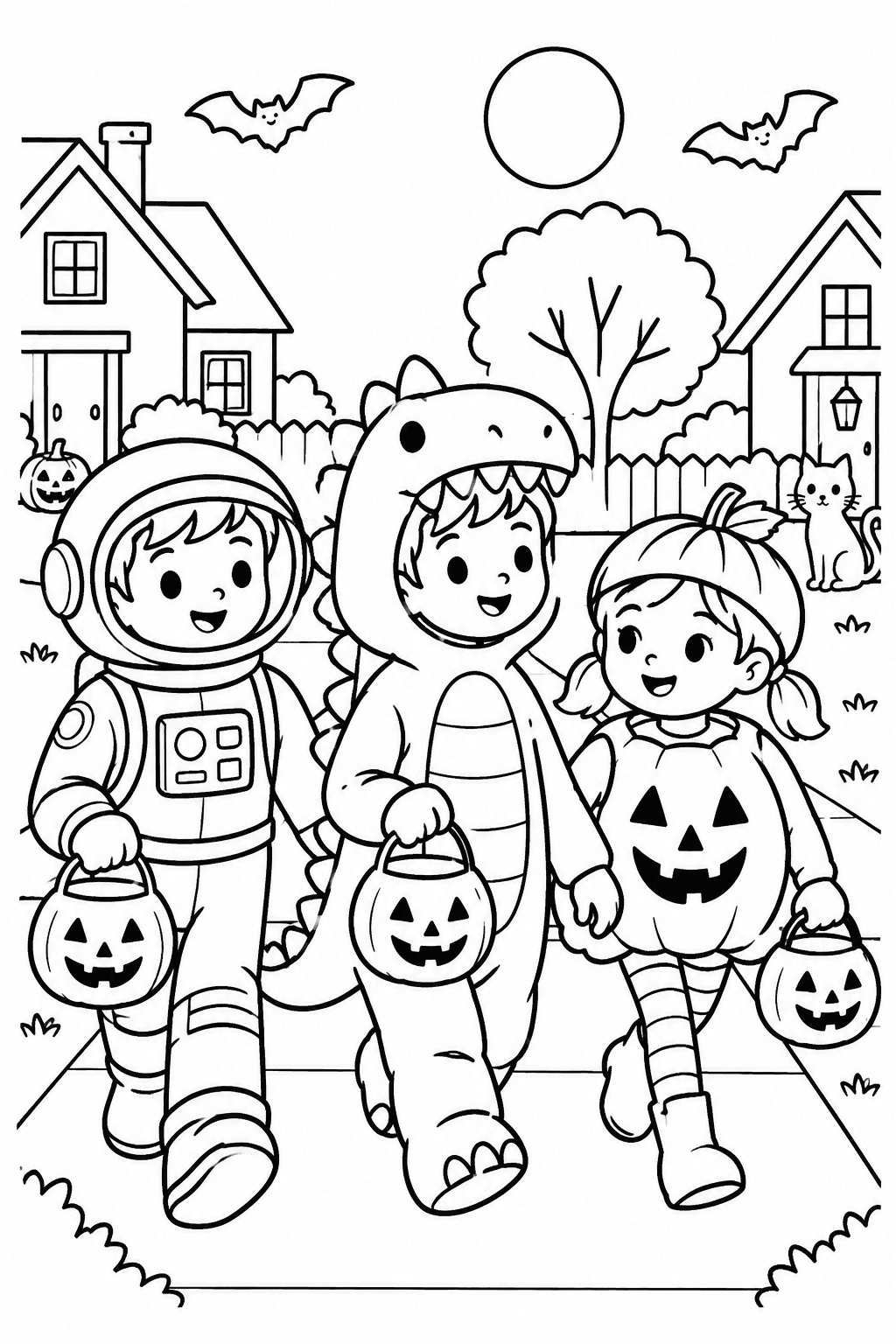 Halloween Costume Parade coloring page. Children in astronaut, dinosaur, and pumpkin costumes carrying candy pails.