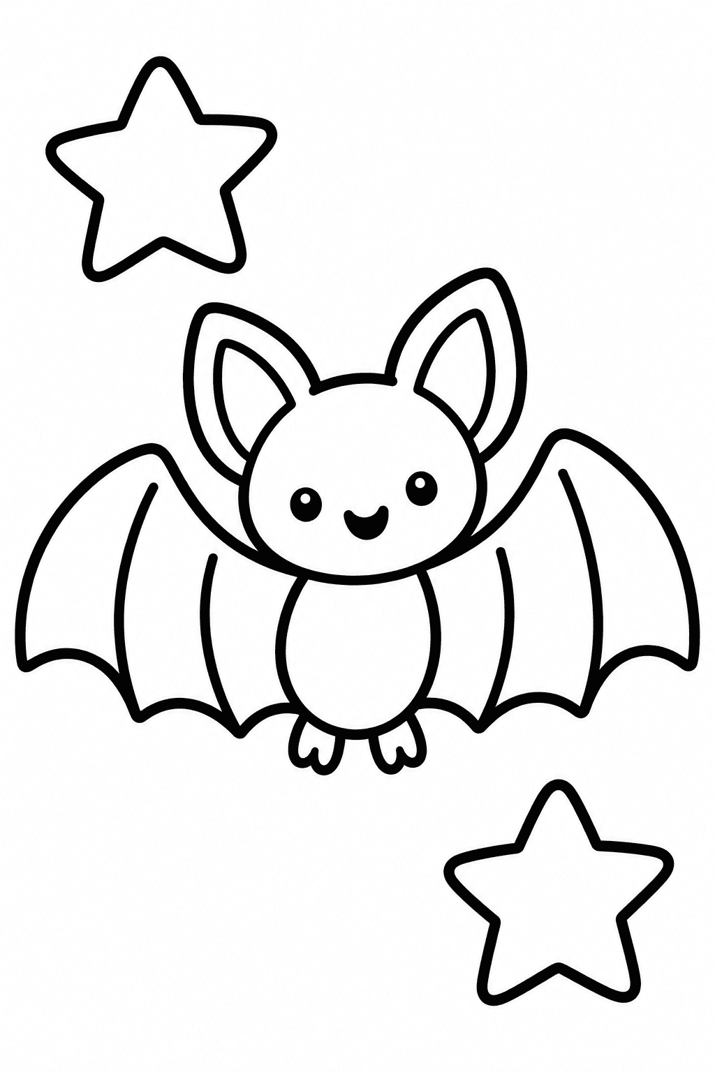 Cute Halloween Bat coloring page. A cute bat spreading its rounded wings between two large stars.