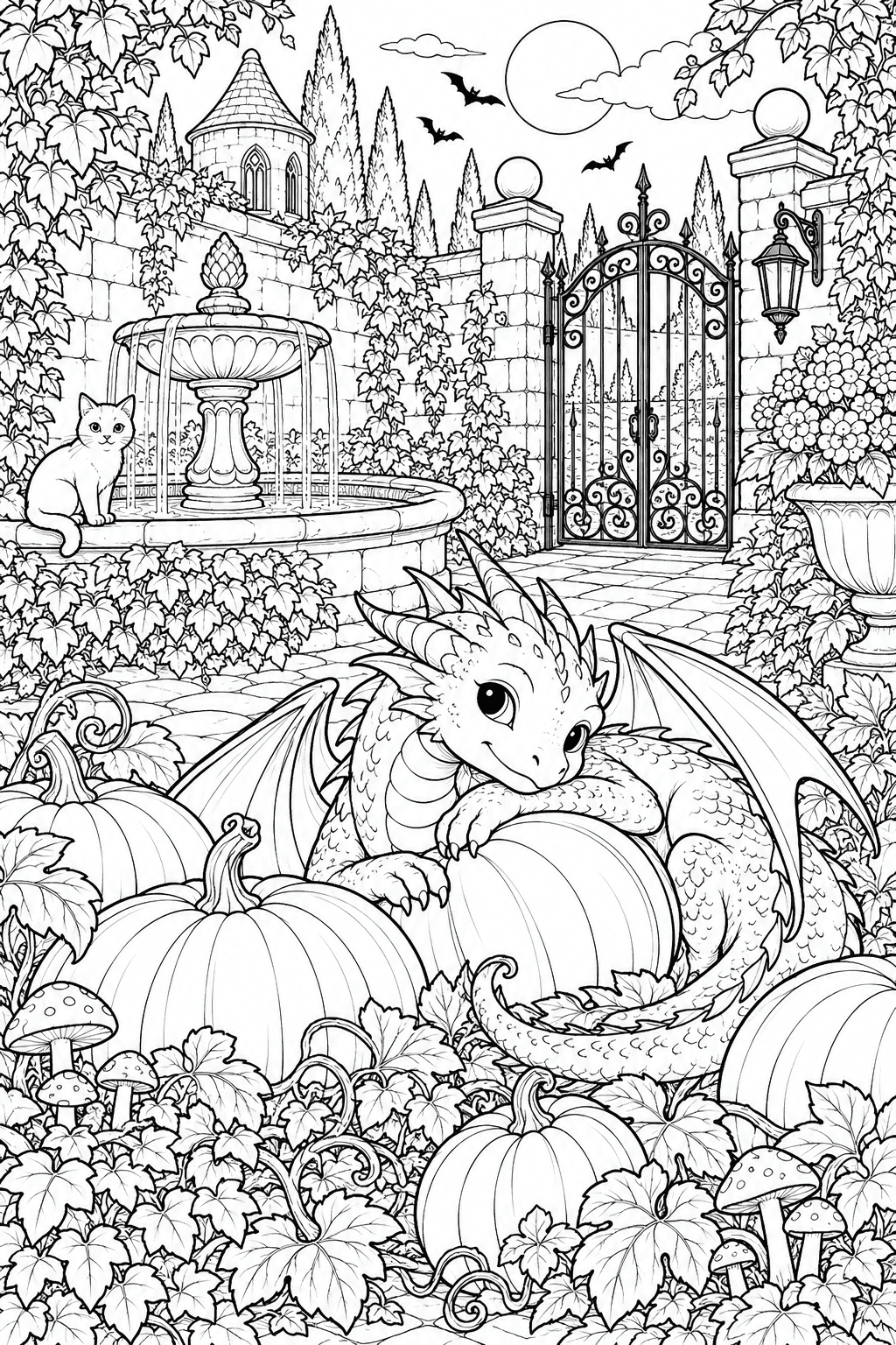 Dragon Pumpkin Garden coloring page. A friendly small dragon curled among giant pumpkins in a walled garden with elaborate leaves, ivy, mushrooms, a stone fountain and a wrought-iron gate.