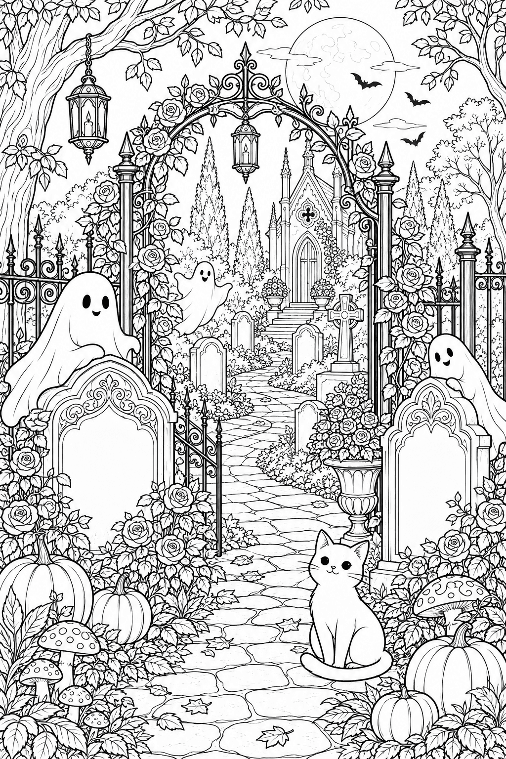 Enchanted Cemetery Garden coloring page. A peaceful whimsical cemetery garden with ornate blank gravestones, wrought-iron arches, climbing roses, mushrooms, pumpkins and cheerful ghosts; no scary faces.