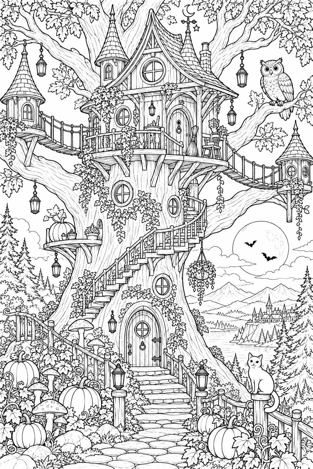 Forest Witch Treehouse coloring page. An elaborate witch treehouse built around an ancient tree, rope bridges, tiny balconies, round windows, lanterns, pumpkin vines, mushrooms and a friendly owl.