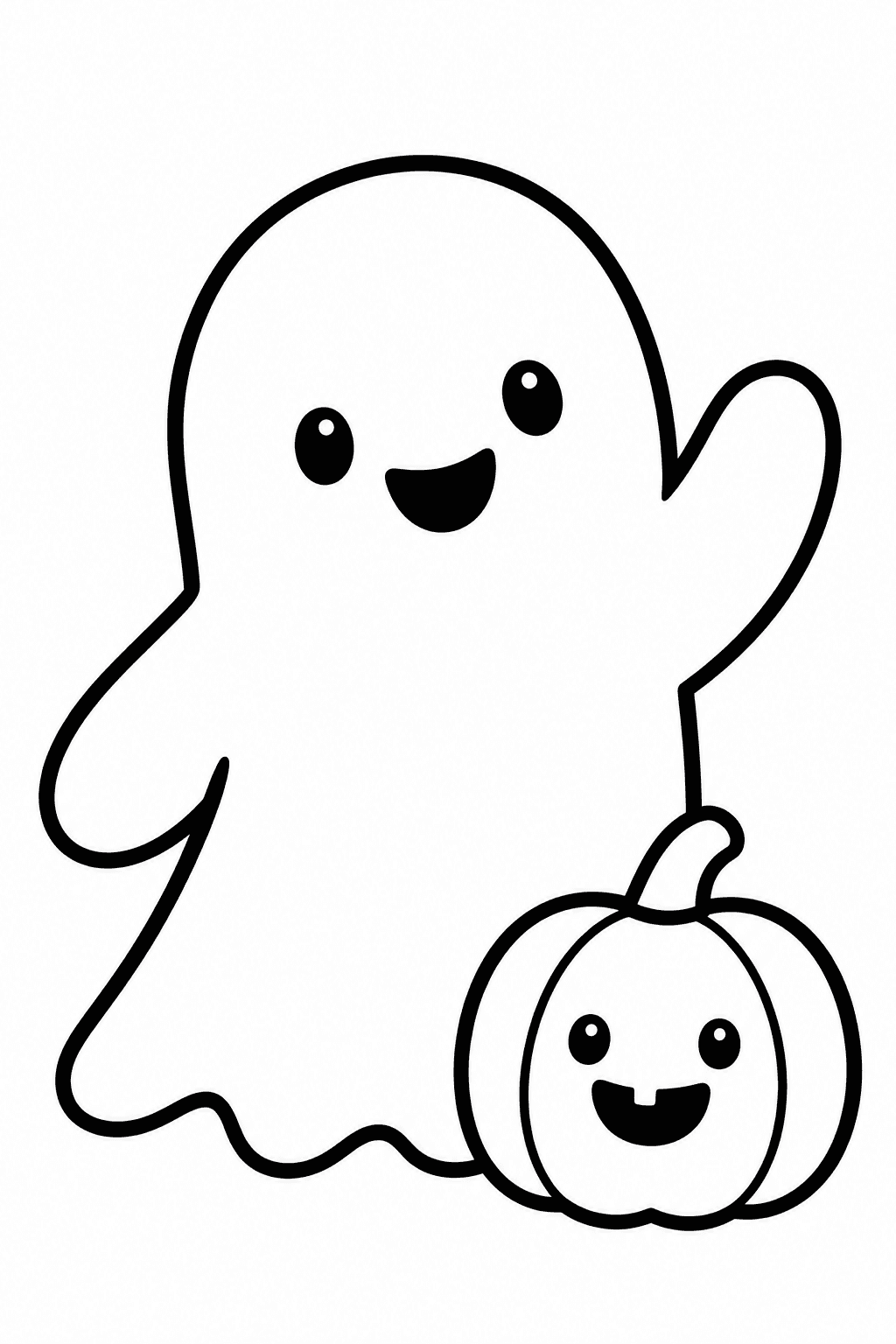 Friendly Halloween Ghost coloring page. A friendly waving ghost beside a cheerful little pumpkin.