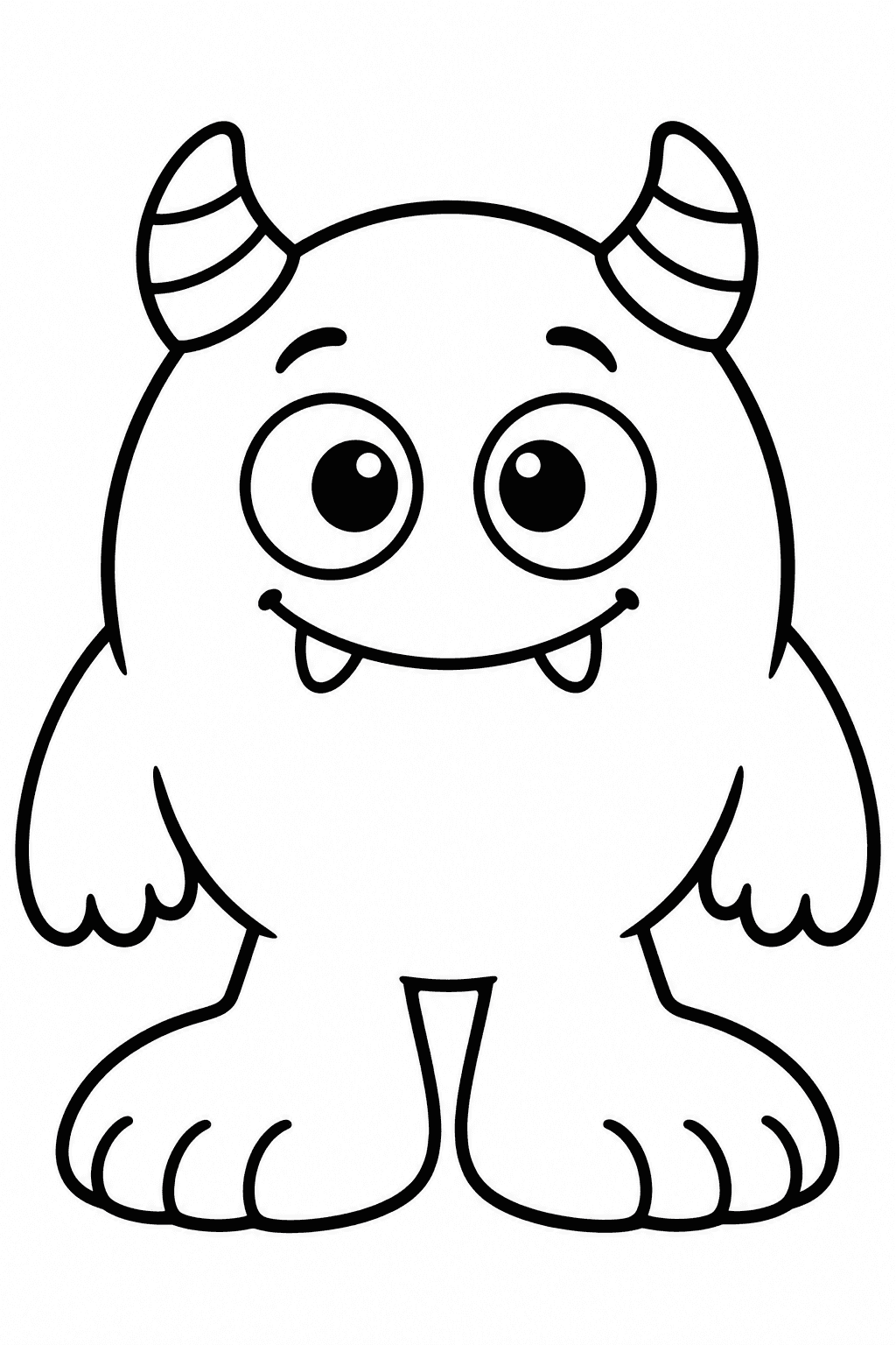 Friendly Halloween Monster coloring page. A cheerful little monster with striped horns and oversized feet.