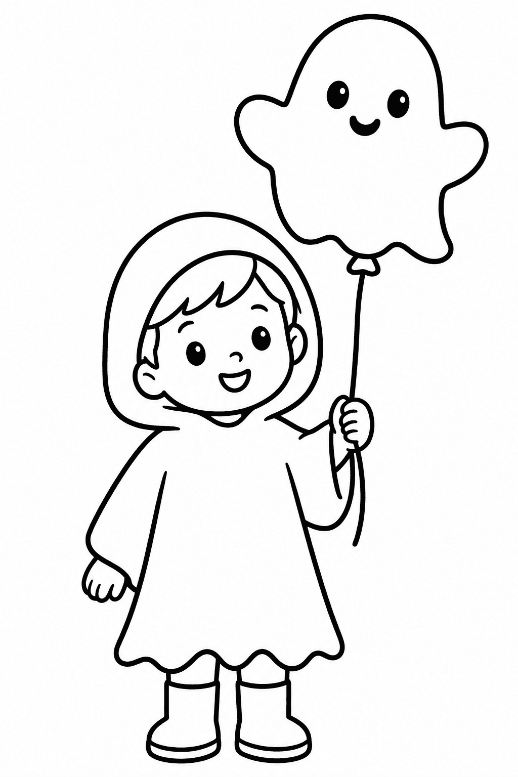 Halloween Ghost Balloon coloring page. A child in a ghost costume holding a smiling ghost-shaped balloon.