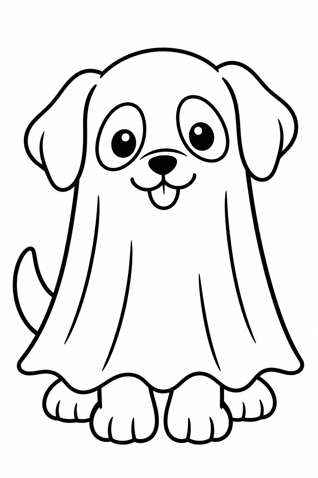 Halloween Ghost Dog coloring page. A cute puppy wearing a ghost-sheet costume with its ears and paws showing.