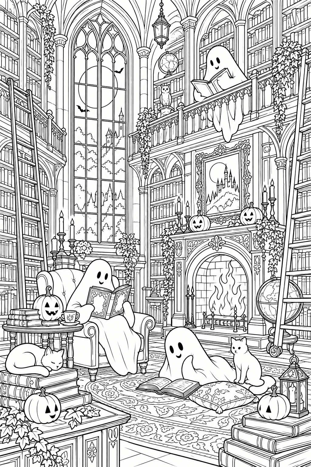 Ghost Library coloring page. A grand old library with tall arched bookcases, rolling ladders, ornamental woodwork, a fireplace, three friendly ghosts reading and small pumpkin lanterns.