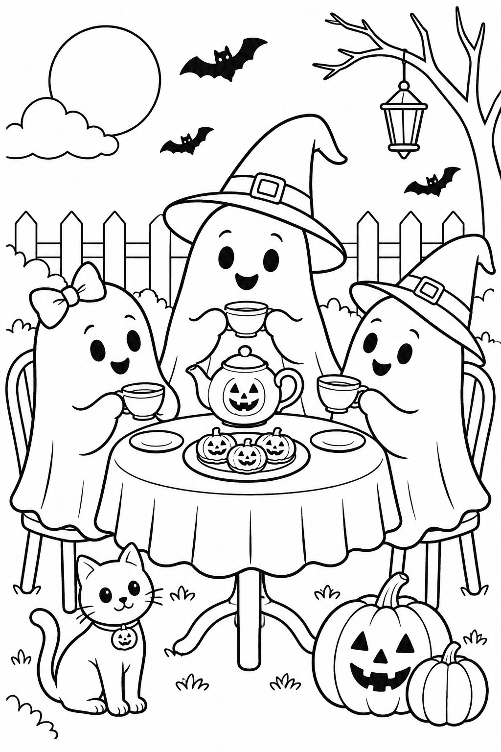 Halloween Ghost Tea Party coloring page. Three friendly ghosts sharing tea and pumpkin cookies in a decorated garden.