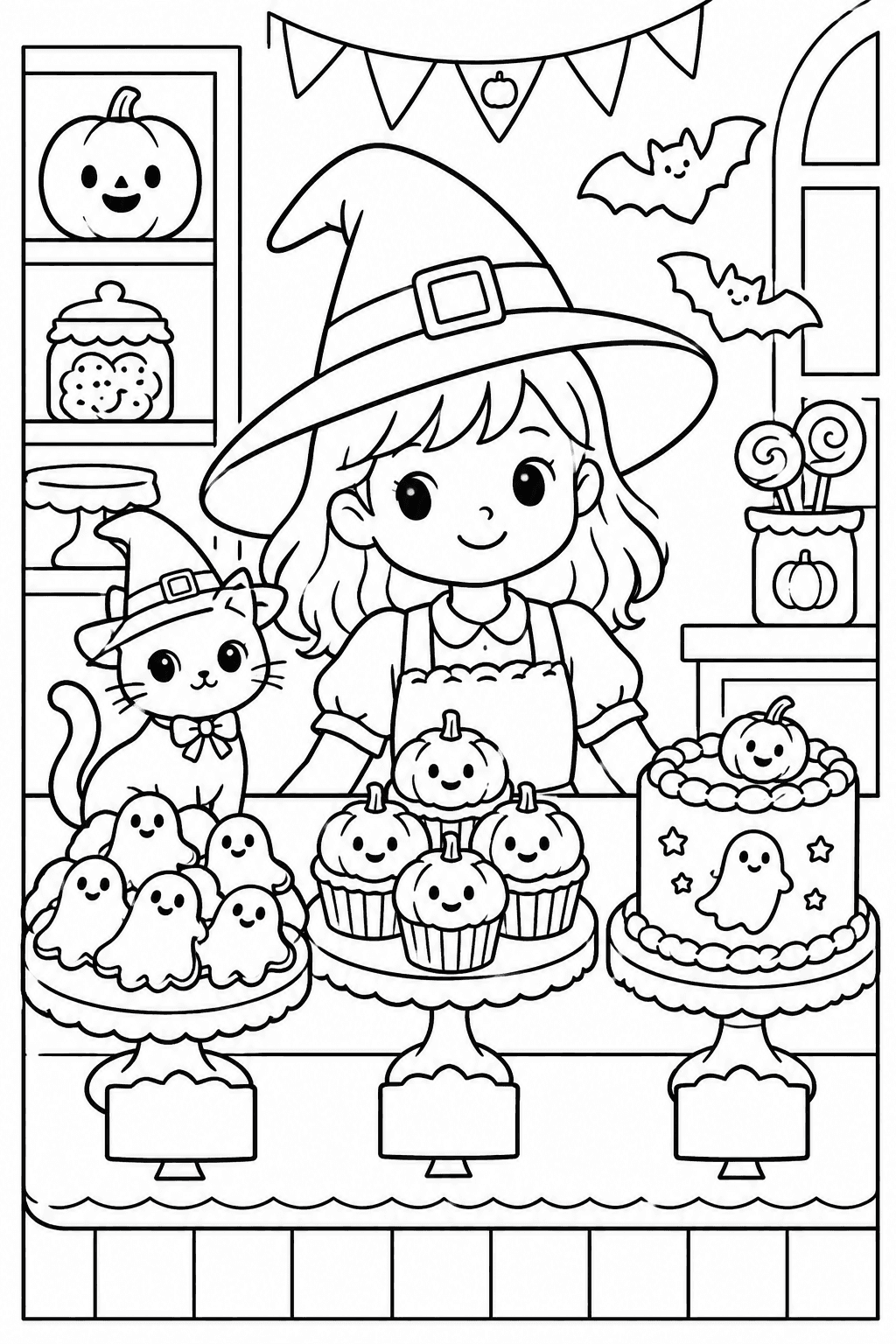 Halloween Bakery coloring page. A little witch at a bakery counter filled with ghost cookies, cupcakes, and cake.