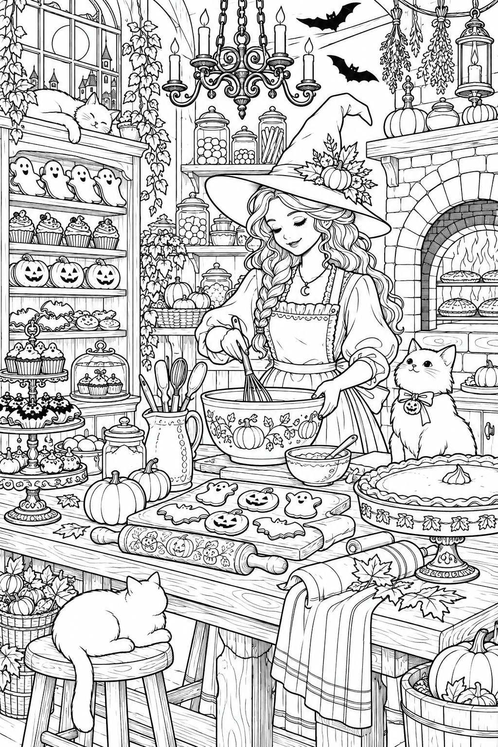 Halloween Bakery Workshop coloring page. A detailed cozy bakery workshop with a witch baker, shelves of ghost cookies, pumpkin pies, ornate cake stands, jars, rolling pins and a brick oven; blank labels.