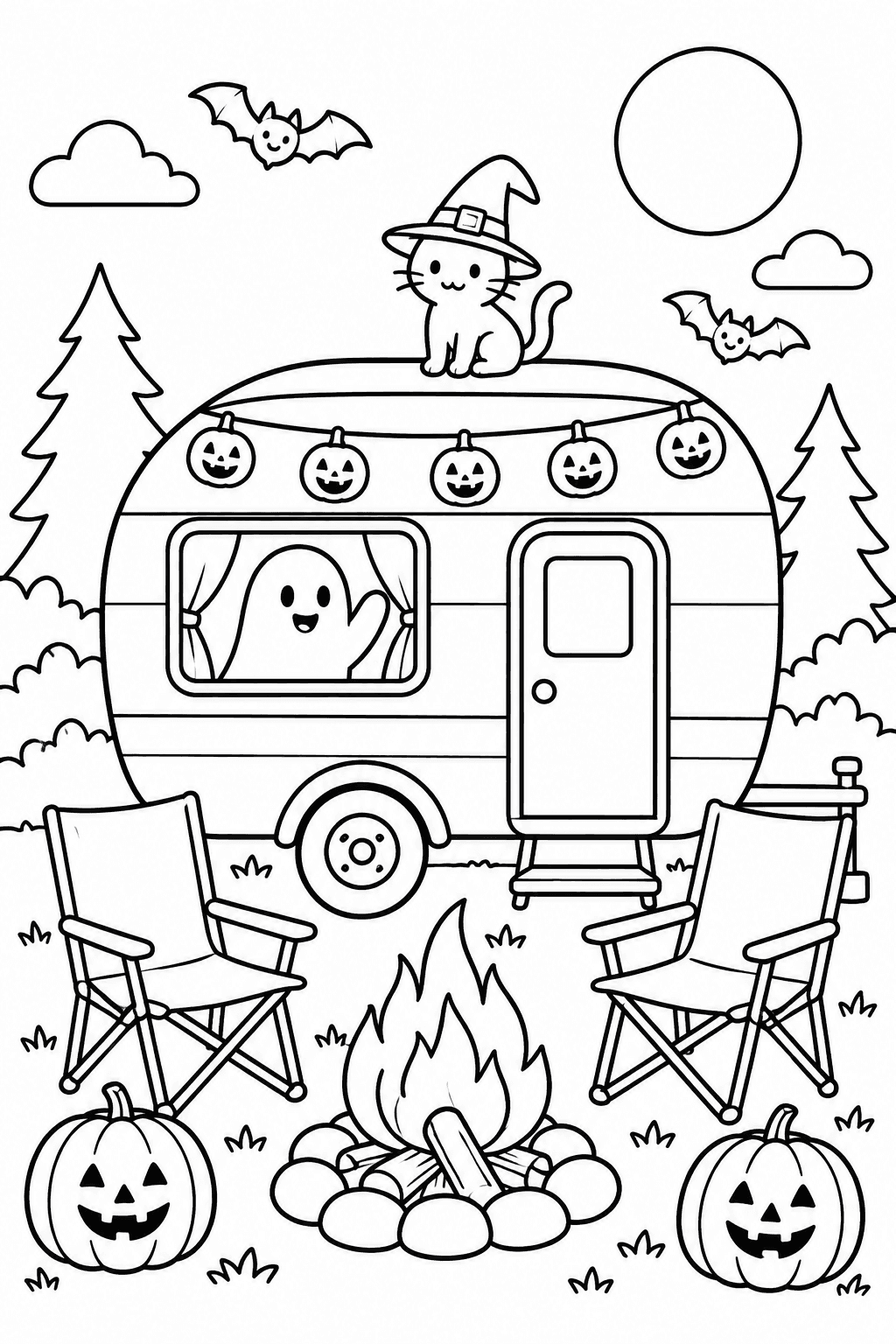 Halloween Camper coloring page. A decorated camper with a friendly ghost, a cat, folding chairs, and a campfire.