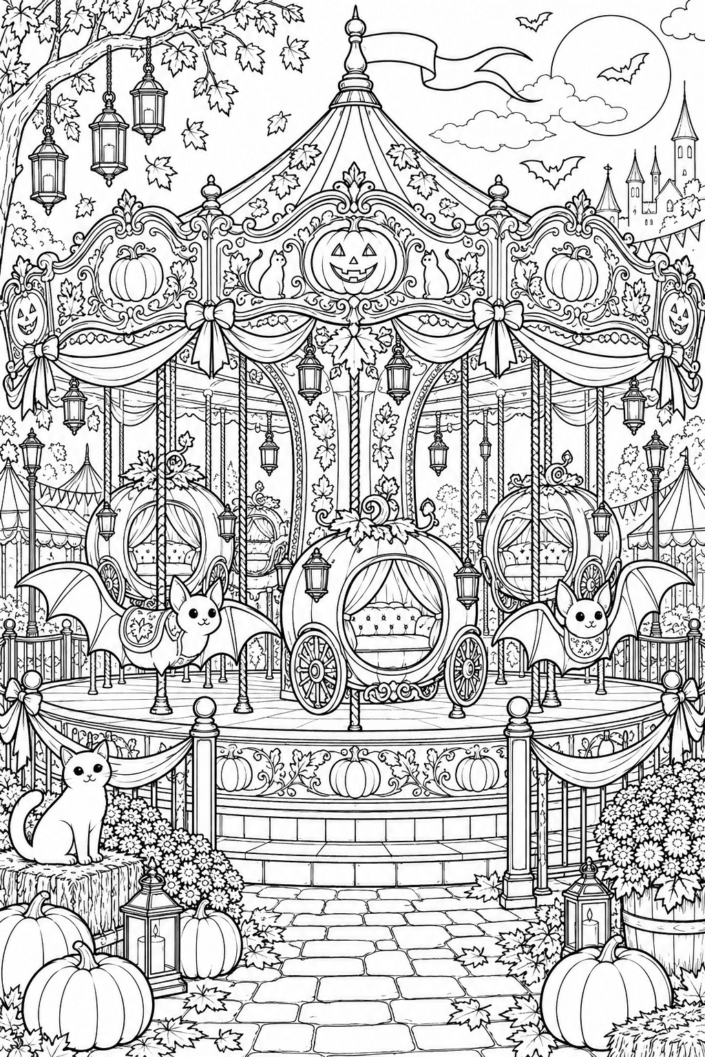 Halloween Carousel coloring page. A whimsical ornate carousel with pumpkin carriages and friendly bat-shaped seats, carved canopy panels, ribbons, lanterns and autumn festival decorations.