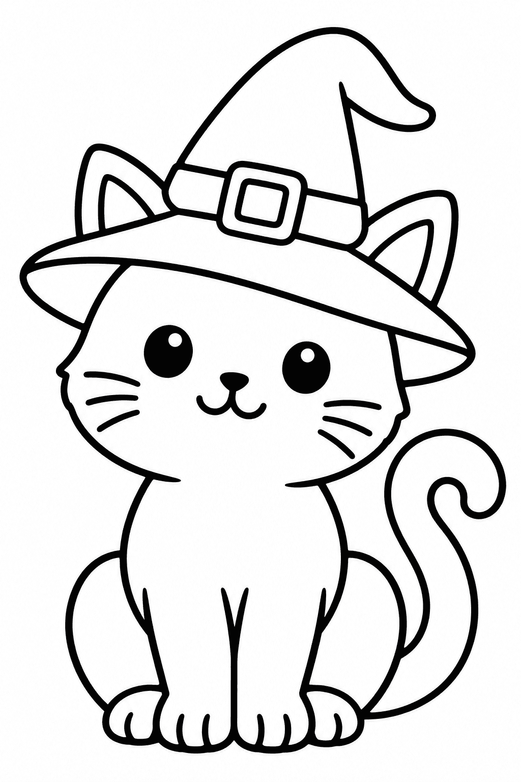 Halloween Cat coloring page. A seated cat in a witch hat with a long curled tail.