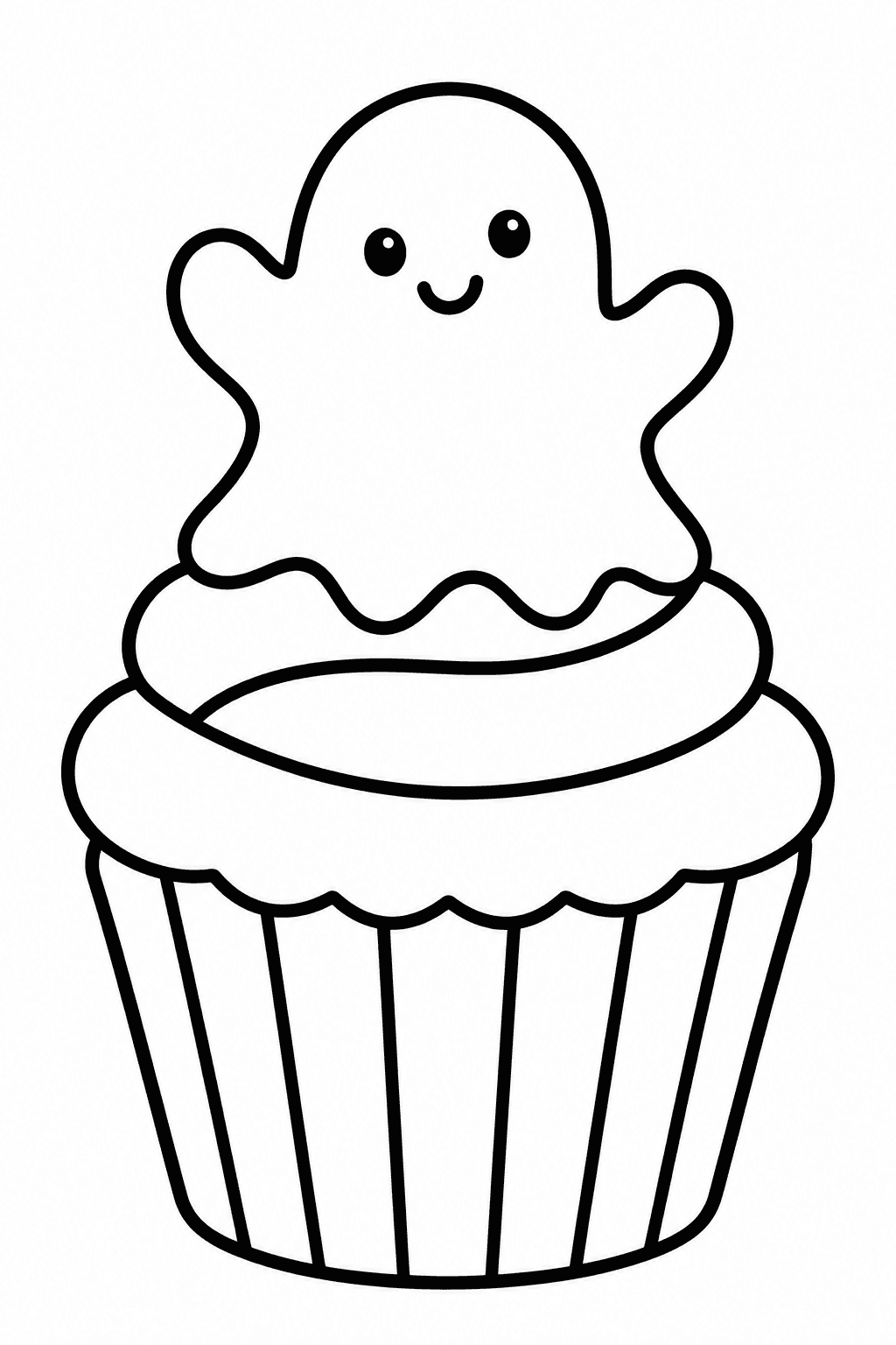 Halloween Ghost Cupcake coloring page. A large cupcake topped with a smiling ghost-shaped icing decoration.