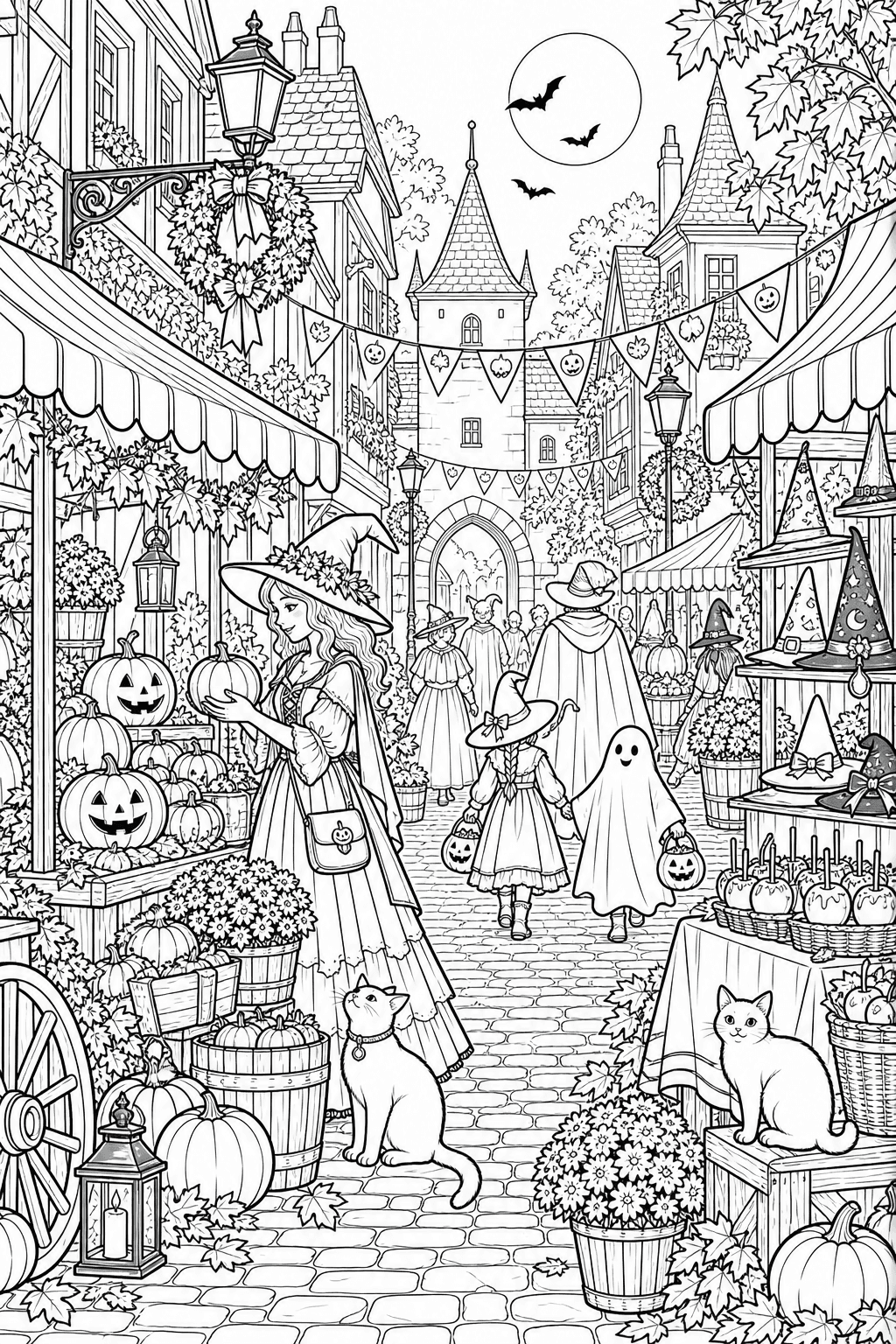 Halloween Market Street coloring page. A lively autumn market street with stalls selling pumpkins, candy apples and witch hats, striped awnings, baskets, garlands and costumed shoppers; no text.