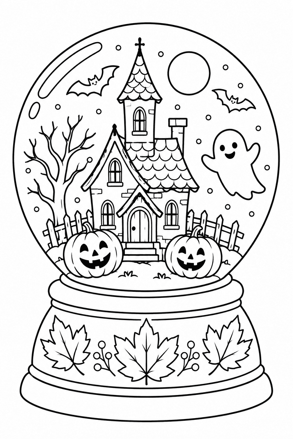 Halloween Snow Globe coloring page. A decorative globe containing a haunted house, a ghost, bats, and pumpkins.