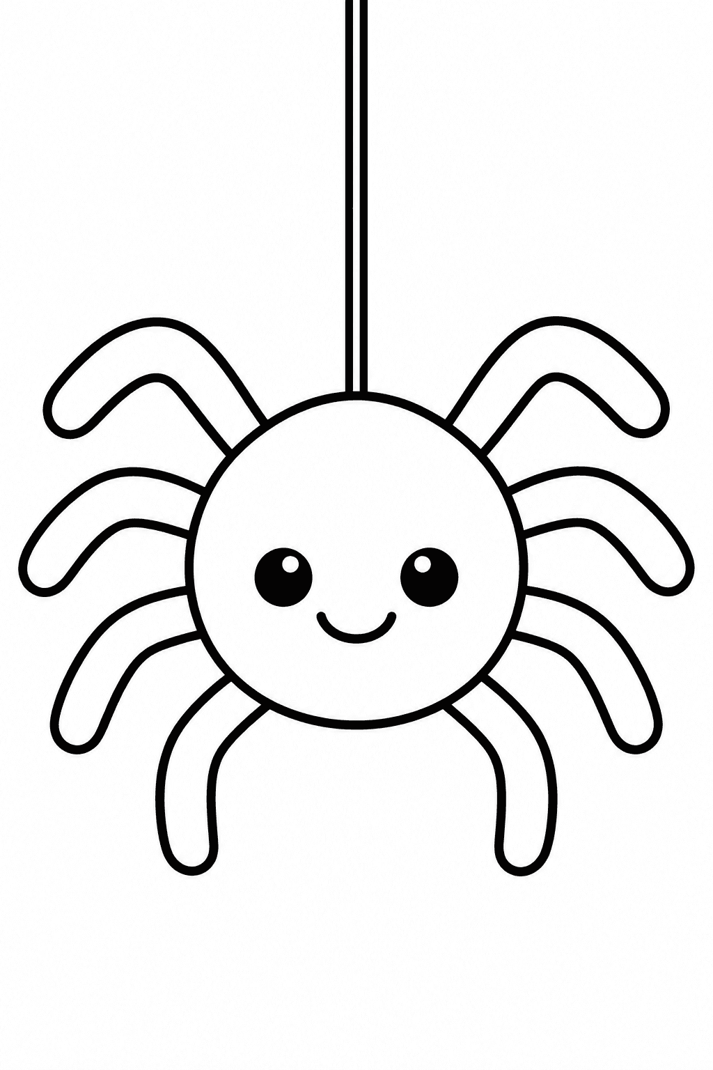Happy Halloween Spider coloring page. A friendly round spider with eight legs hanging from a thread.