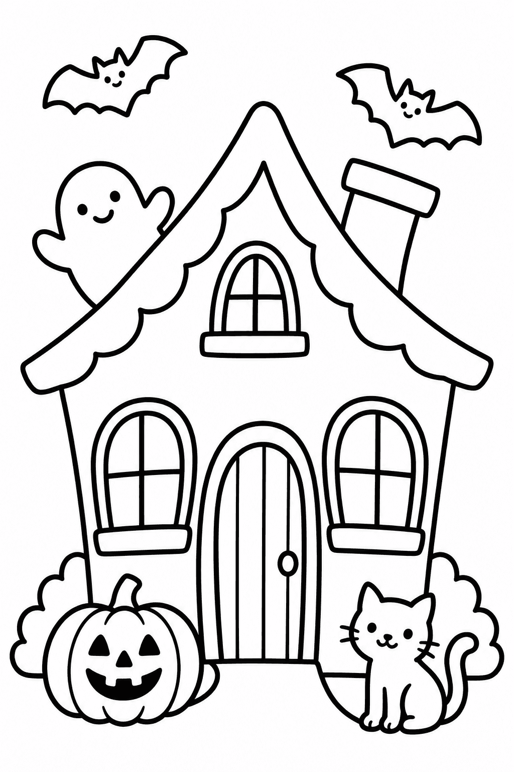 Little Halloween Haunted House coloring page. A small crooked cottage with a ghost, bats, a cat, and a pumpkin.