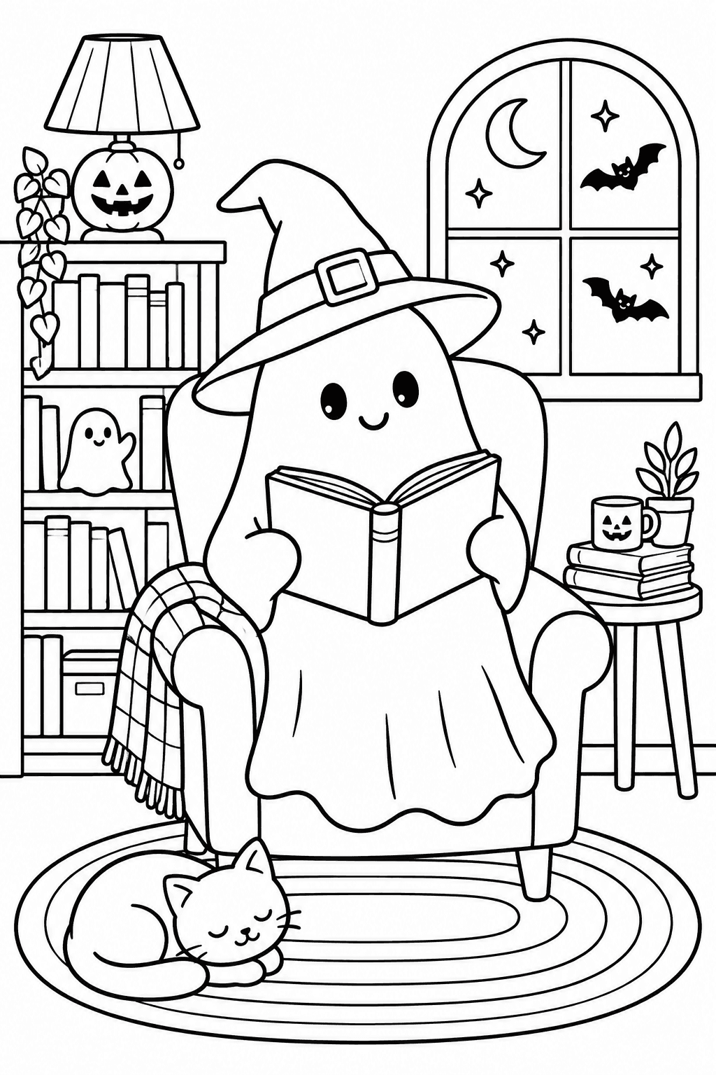 Halloween Ghost Library coloring page. A friendly ghost reading in an armchair beside a bookshelf and a sleeping cat.