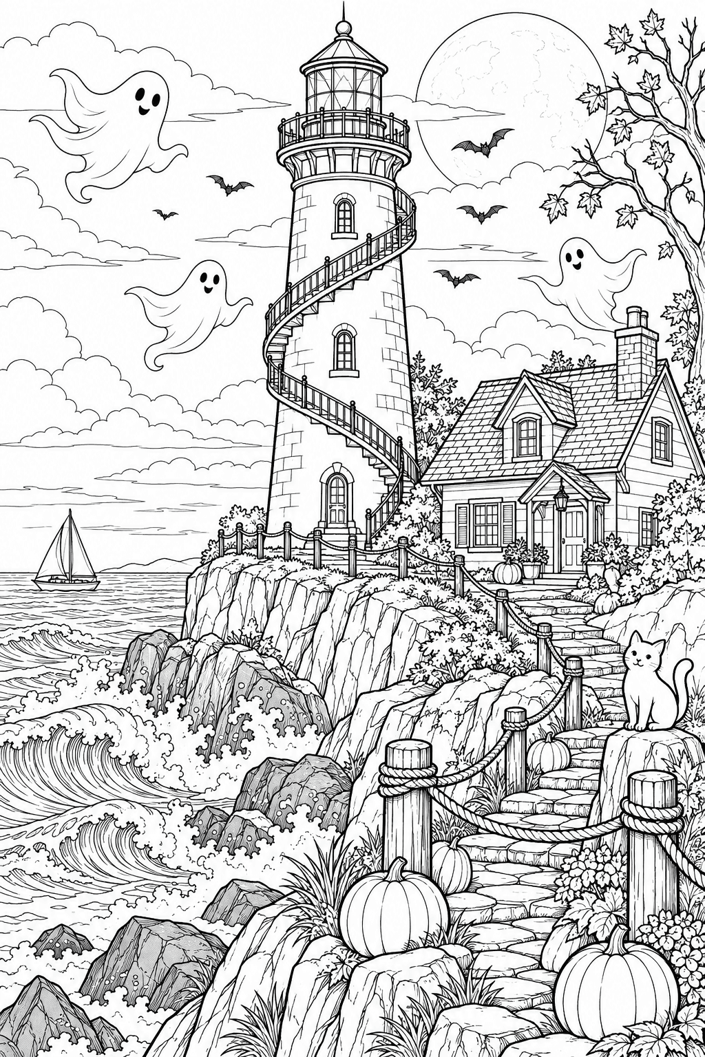 Haunted Lighthouse coloring page. A tall coastal lighthouse with a winding staircase outside, a keeper cottage, rocky cliffs, foamy waves, rope rails, pumpkins and friendly floating ghosts.