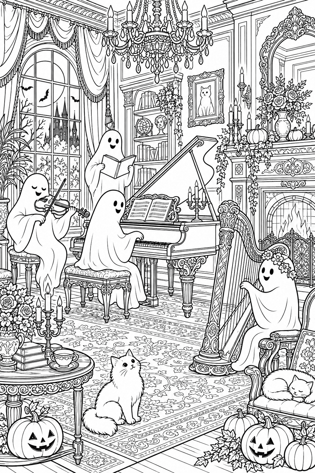 Haunted Music Room coloring page. A Victorian music room with a grand piano, carved harp, violin, patterned rug, chandelier, ornamental fireplace, pumpkins and friendly ghosts enjoying music.
