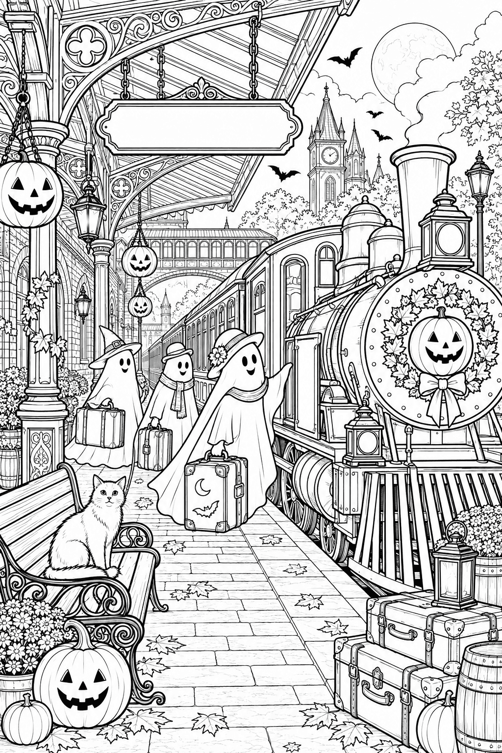 Haunted Train Station coloring page. A whimsical old train station with a decorated steam locomotive, ornate platform canopy, luggage, pumpkin lanterns, a blank station sign and friendly ghost travelers.