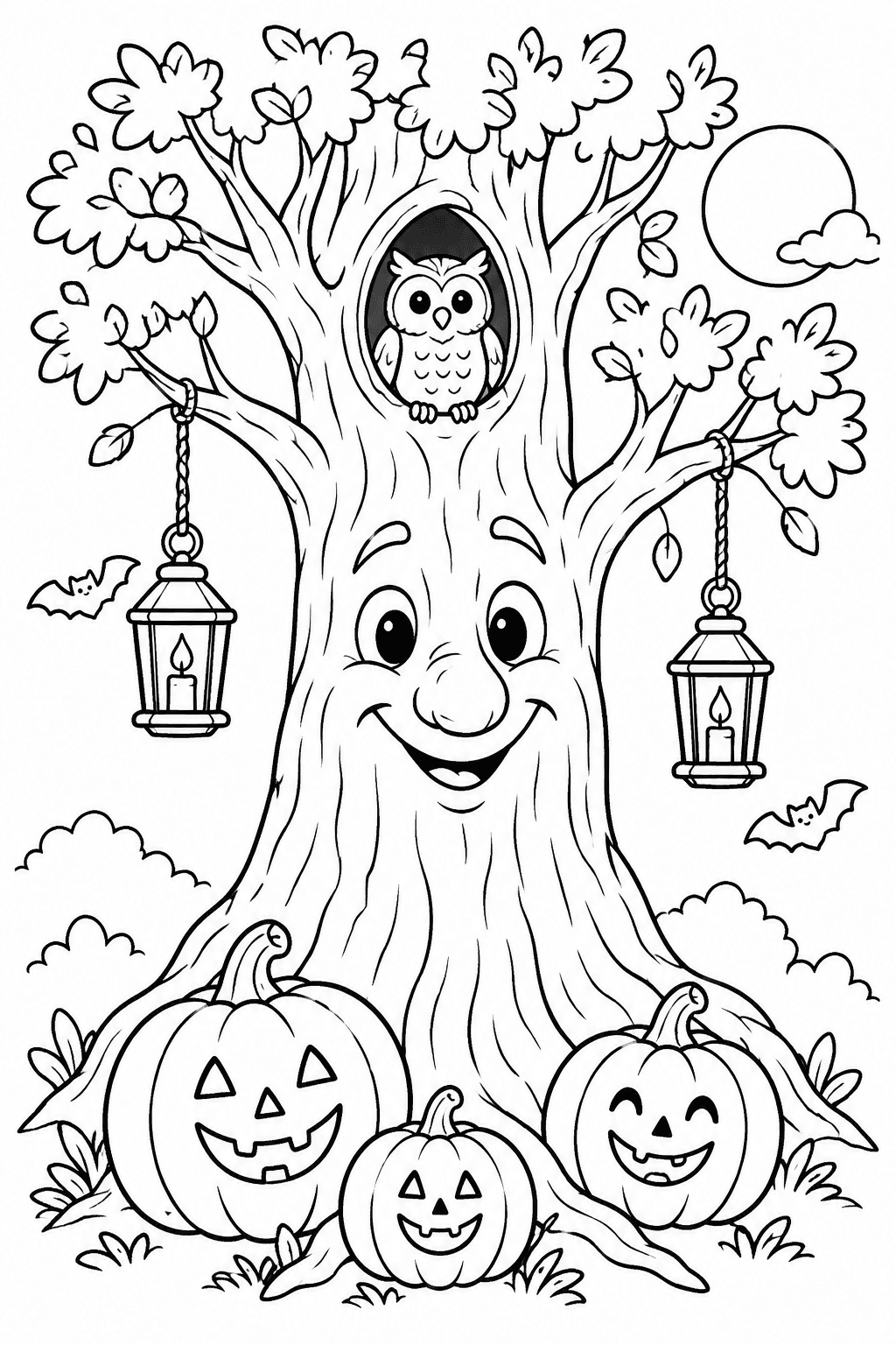 Friendly Halloween Tree coloring page. A smiling old tree with an owl in its hollow, hanging lanterns, and pumpkins.