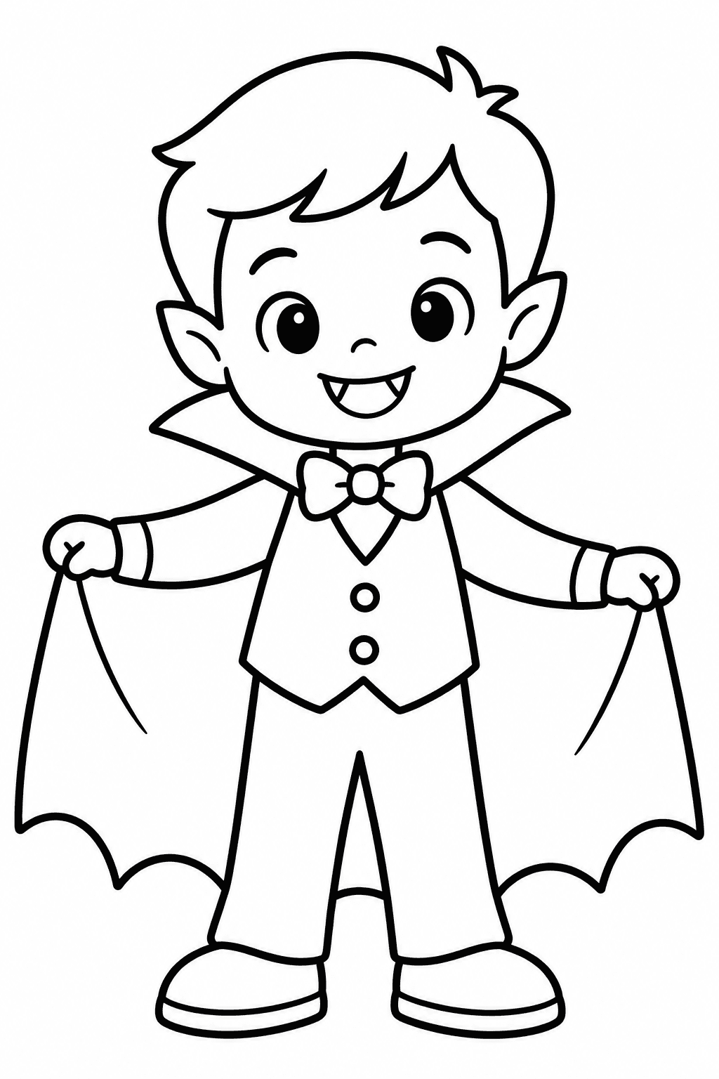Little Halloween Vampire coloring page. A friendly child in a vampire costume showing off an open cape.