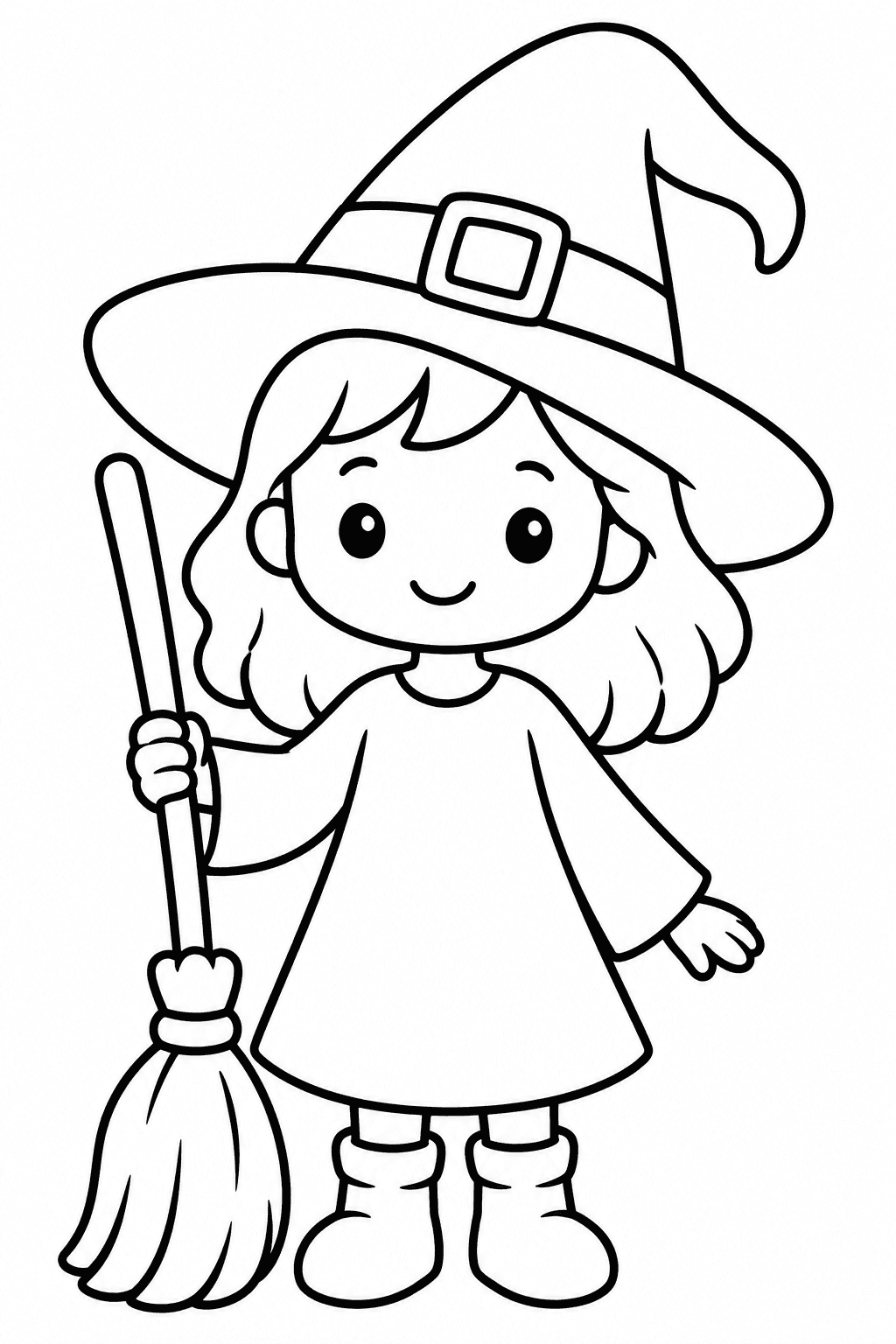 Little Halloween Witch coloring page. A smiling little witch holding a broom and wearing a big pointed hat.