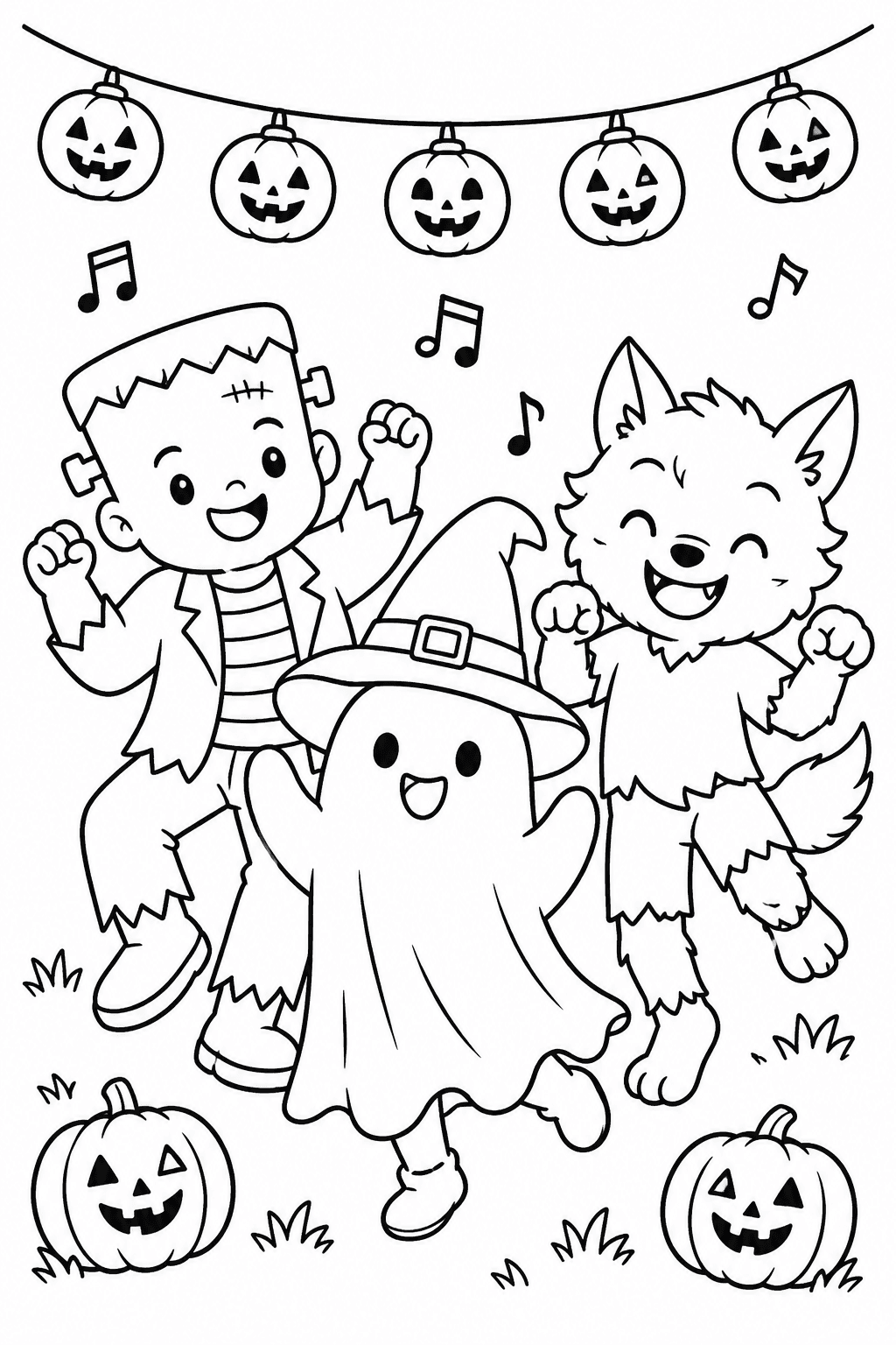 Halloween Monster Dance coloring page. Three friendly Halloween characters dancing under a string of pumpkin lanterns.