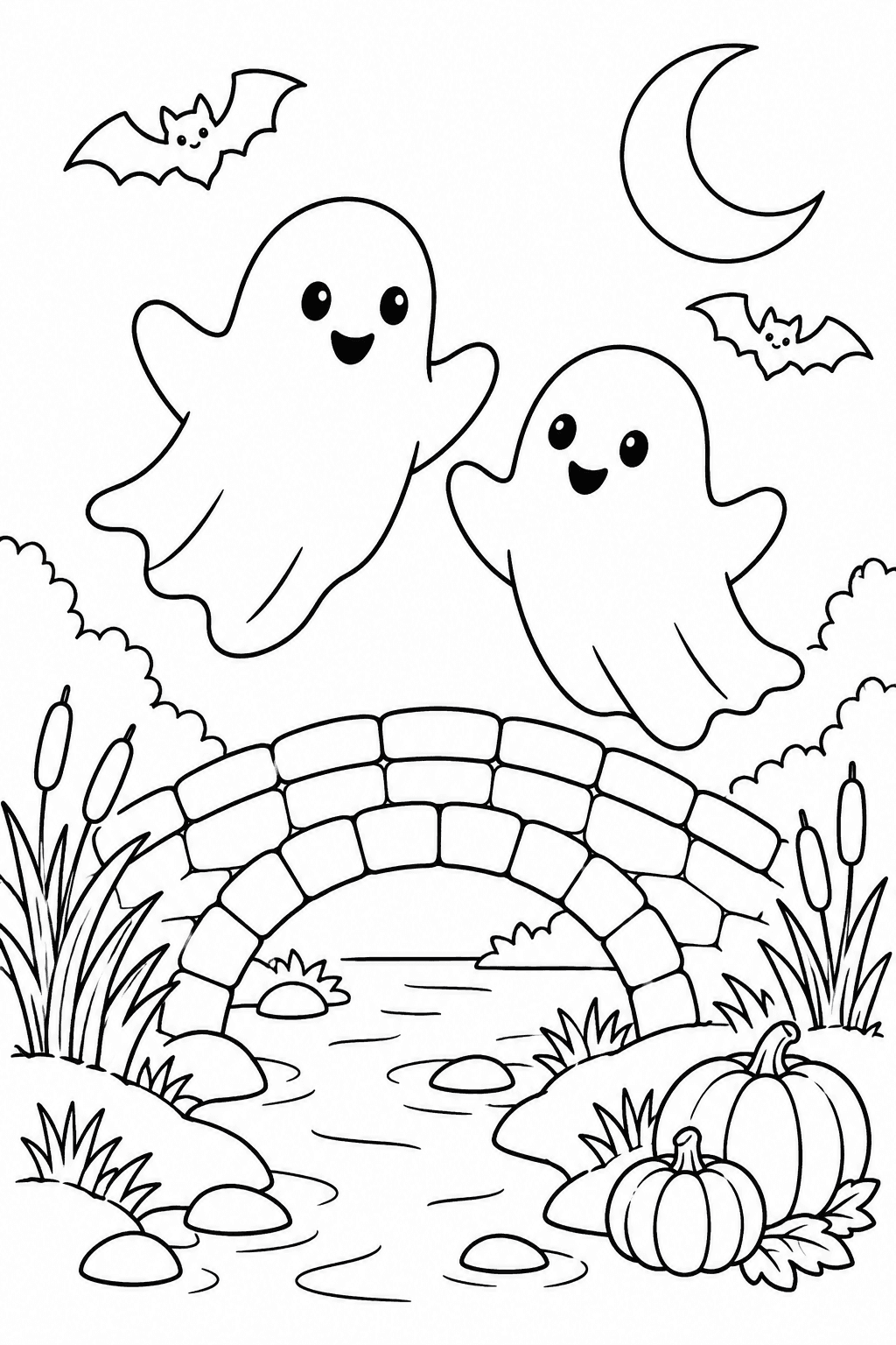 Halloween Moonlit Bridge coloring page. Two friendly ghosts floating over a stone bridge with reeds, pumpkins, and a crescent moon.