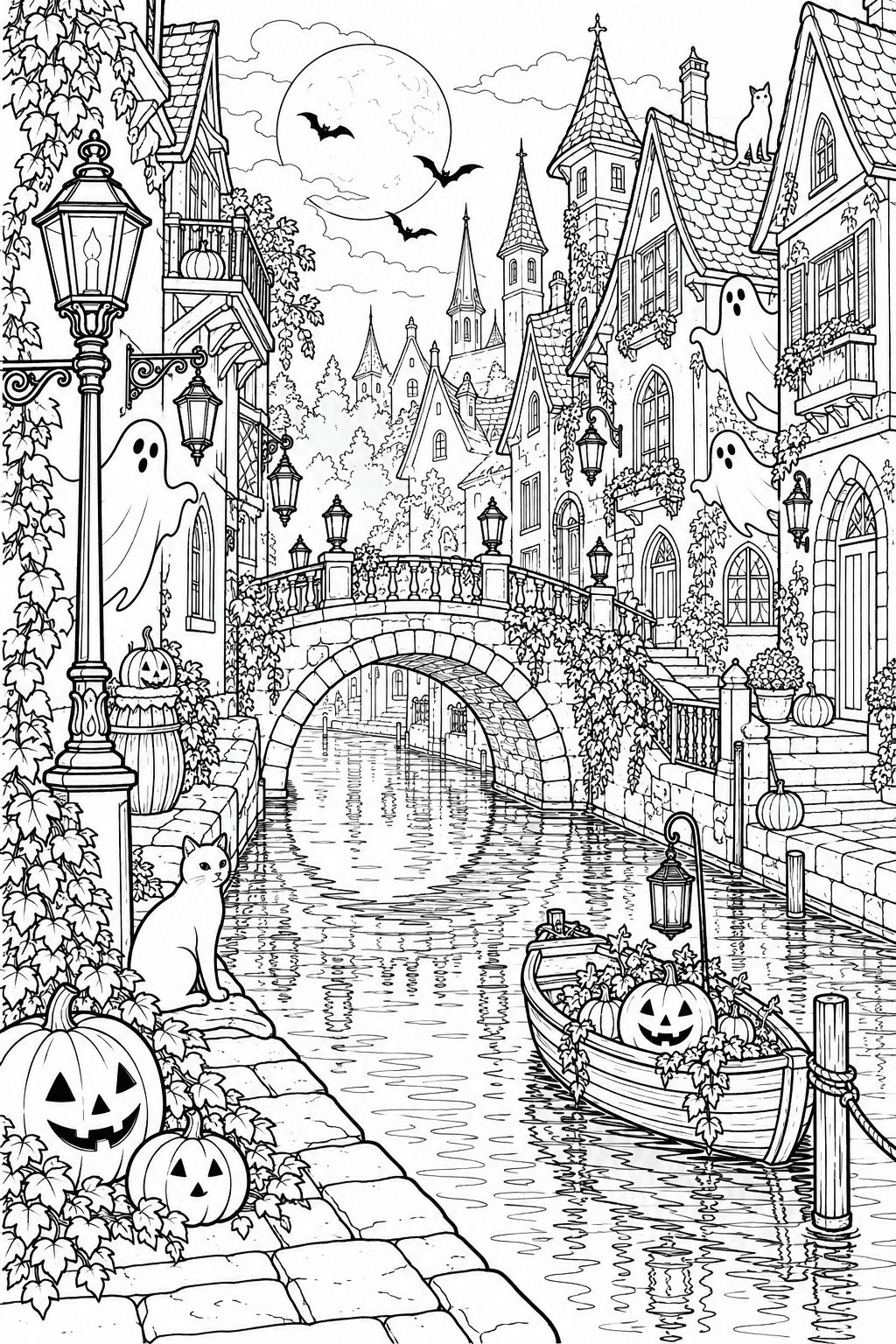 Moonlit Halloween Canal coloring page. A charming old canal lined with crooked Halloween houses, an arched stone bridge, a small pumpkin-decorated boat, rippling water, lanterns and ghosts.