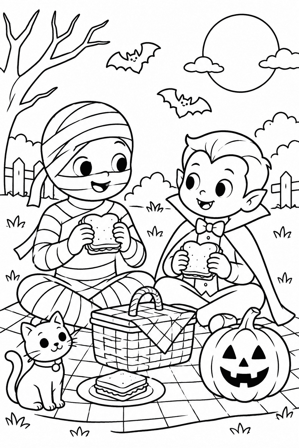 Halloween Mummy Picnic coloring page. A mummy and a little vampire sharing sandwiches on a picnic blanket.