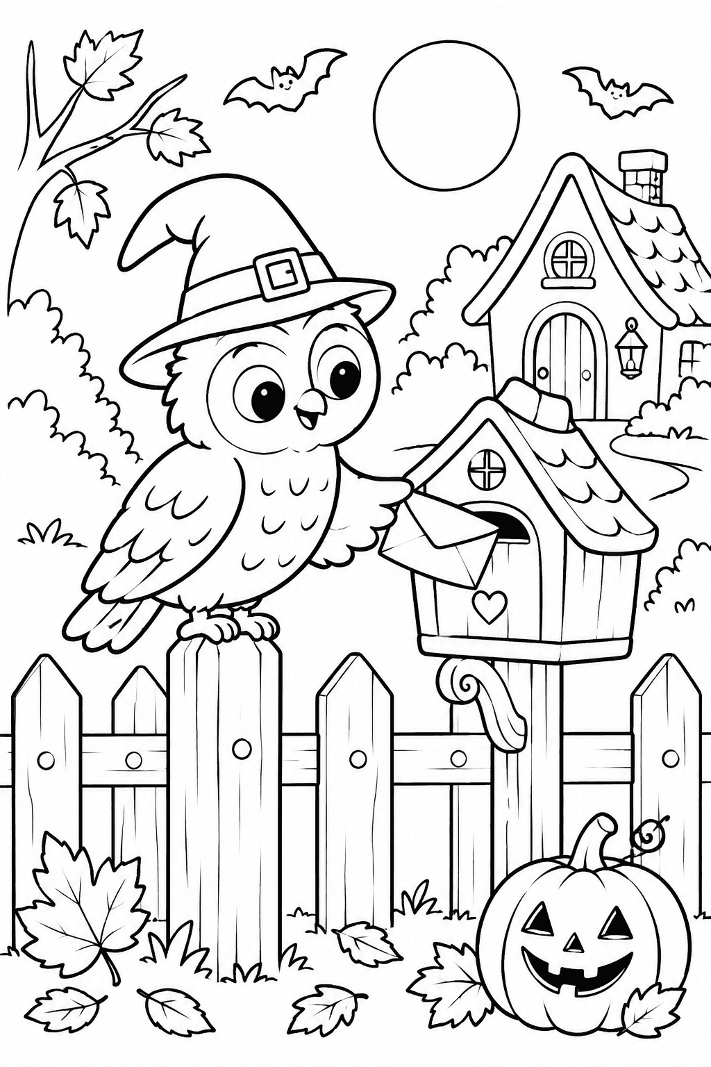 Halloween Owl Delivery coloring page. An owl in a witch hat delivering an envelope to a cottage mailbox.