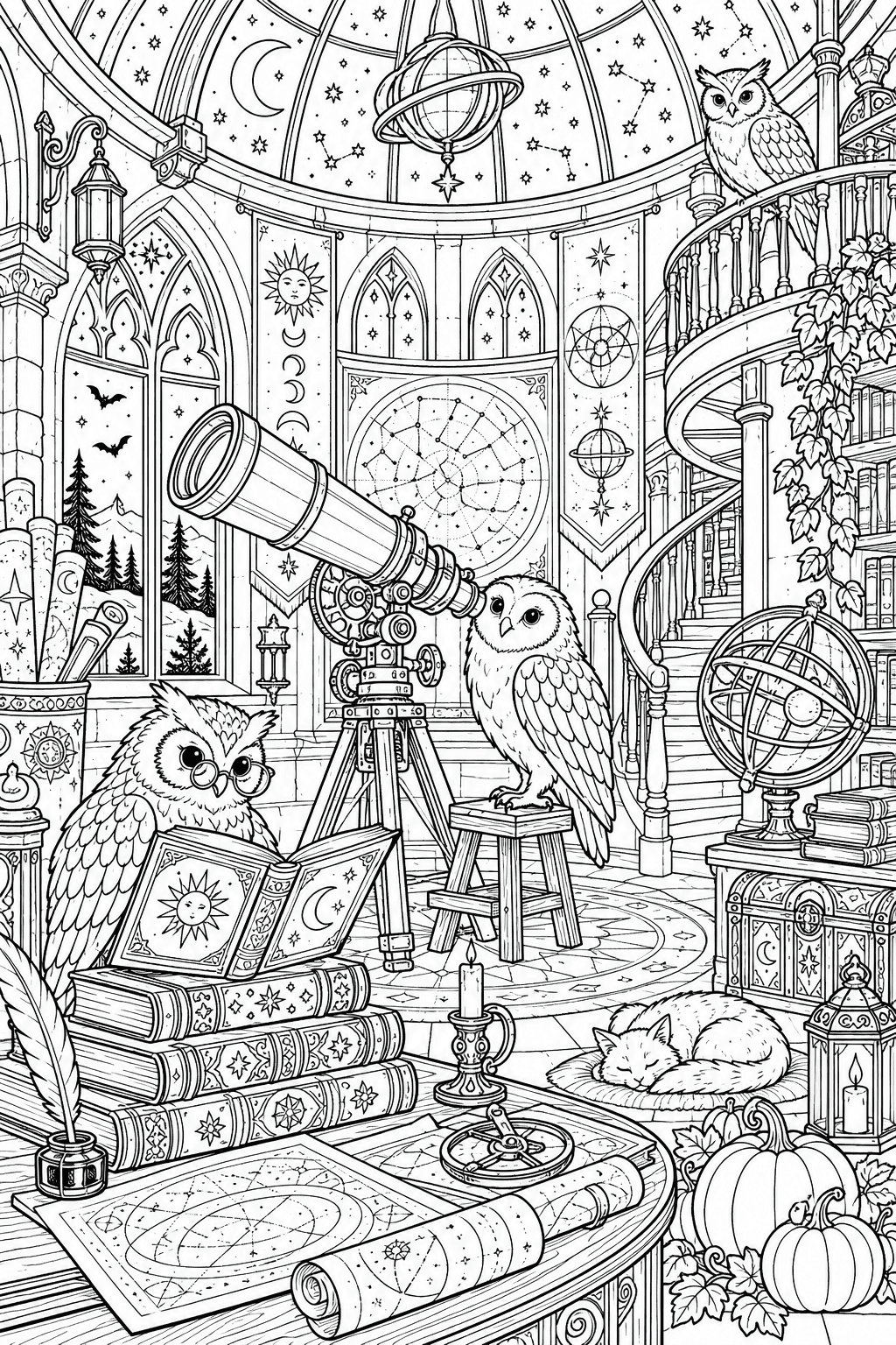 Owl Observatory coloring page. An old astronomical observatory inhabited by wise owls with a telescope, star charts without text, gears, arched windows, pumpkins, books and a domed roof.