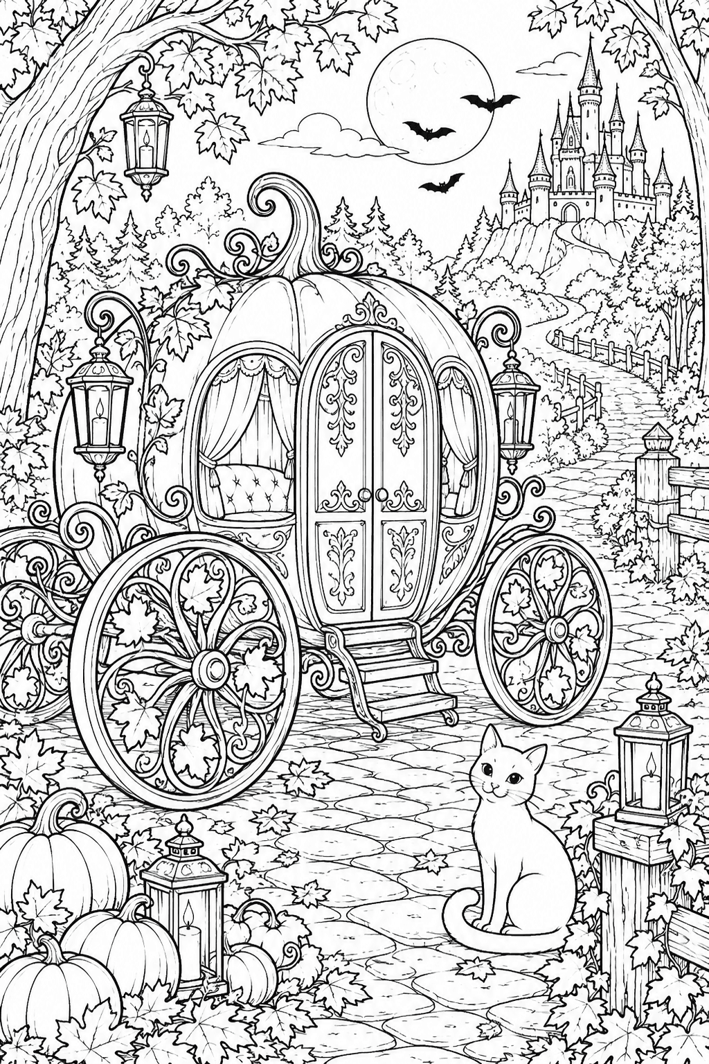 Pumpkin Carriage coloring page. An ornate pumpkin-shaped carriage with curling vine wheels, carved door panels, lanterns, autumn foliage and a winding woodland path.