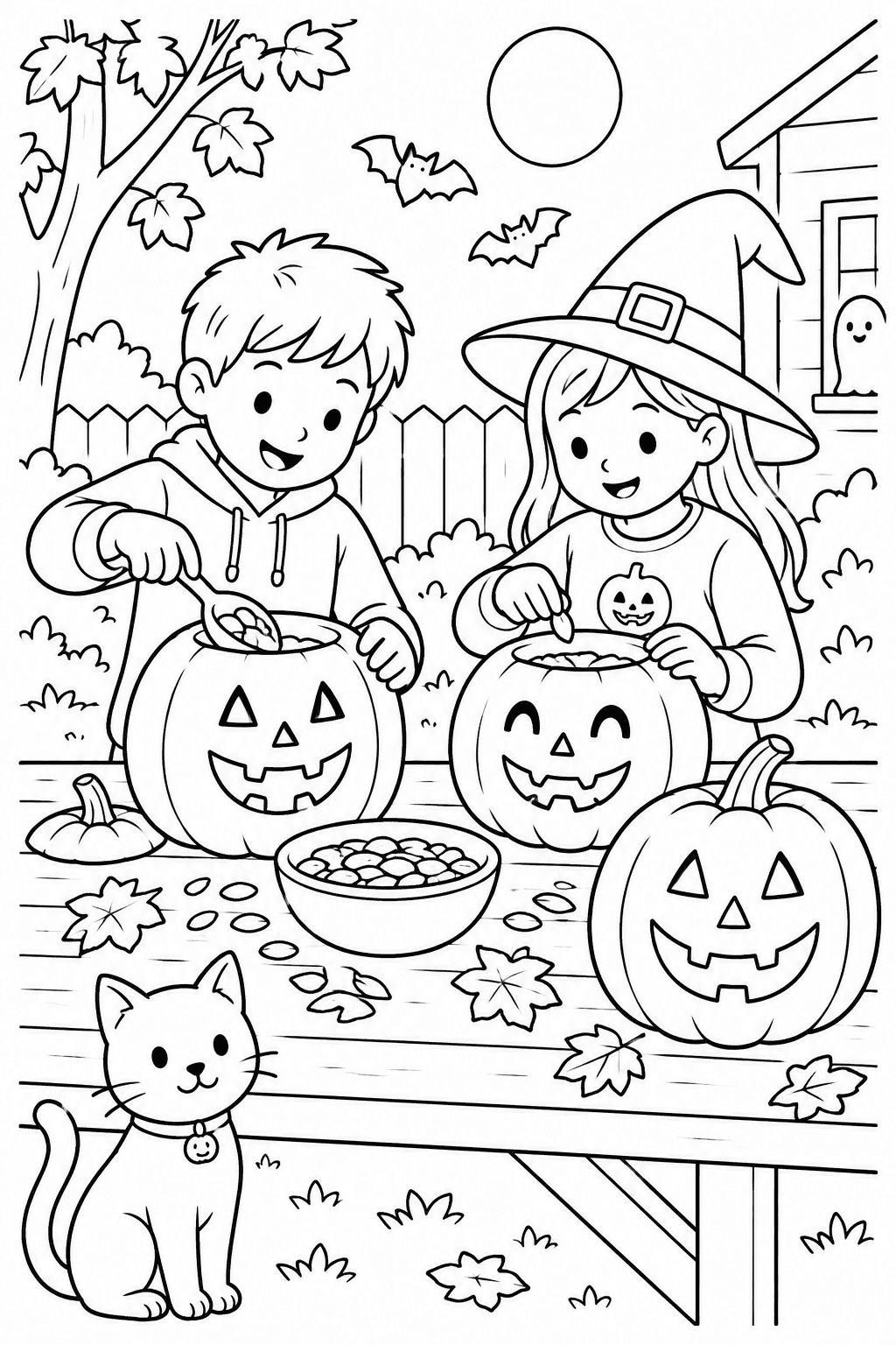 Halloween Pumpkin Decorating coloring page. Two children working on jack-o-lanterns at a table with pumpkin seeds and leaves.
