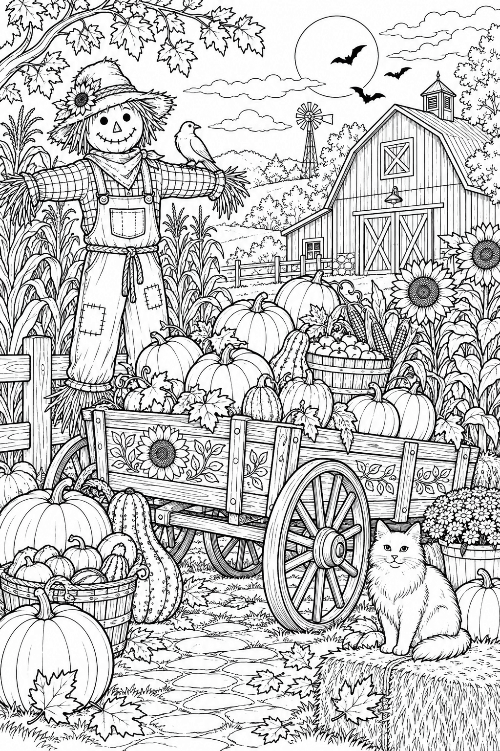 Pumpkin Harvest Wagon coloring page. An ornate wooden harvest wagon piled with pumpkins, gourds and baskets beside a detailed scarecrow, sunflowers, corn stalks and a barn.