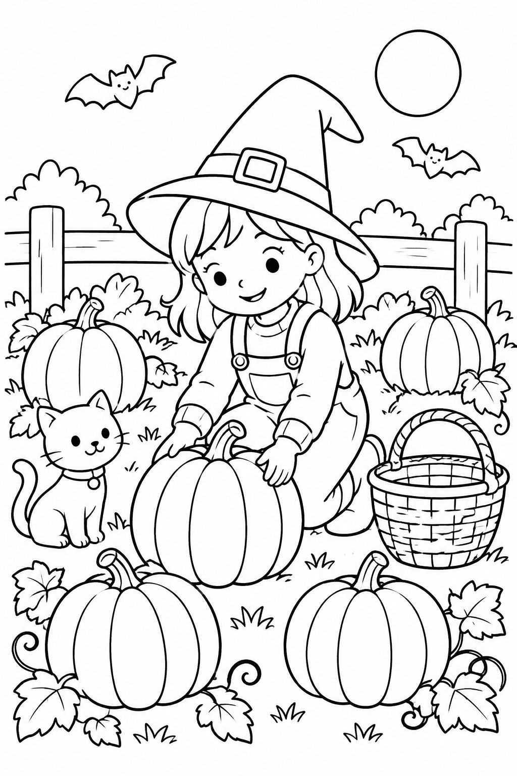 Halloween Pumpkin Patch coloring page. A child choosing a pumpkin among leafy vines, a basket, and a garden fence.