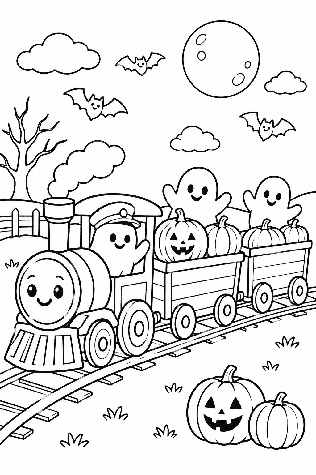 Halloween Pumpkin Train coloring page. A playful little train carrying friendly ghosts and pumpkins along a curved track.