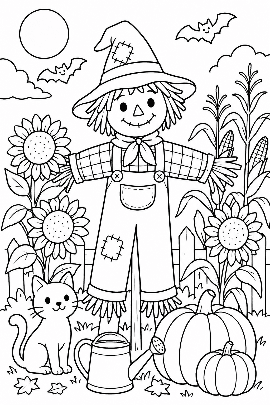 Halloween Scarecrow Garden coloring page. A patchwork scarecrow surrounded by sunflowers, corn stalks, a cat, and pumpkins.