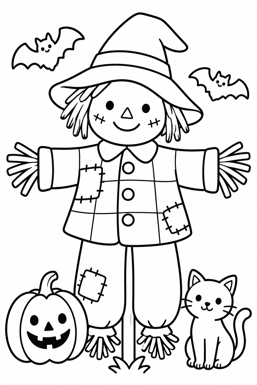 Friendly Halloween Scarecrow coloring page. A cheerful patchwork scarecrow with a pumpkin and a little cat.