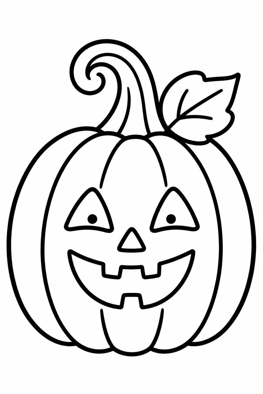 Smiling Halloween Pumpkin coloring page. A smiling jack-o-lantern with a curly stem, a leaf, and large open shapes.