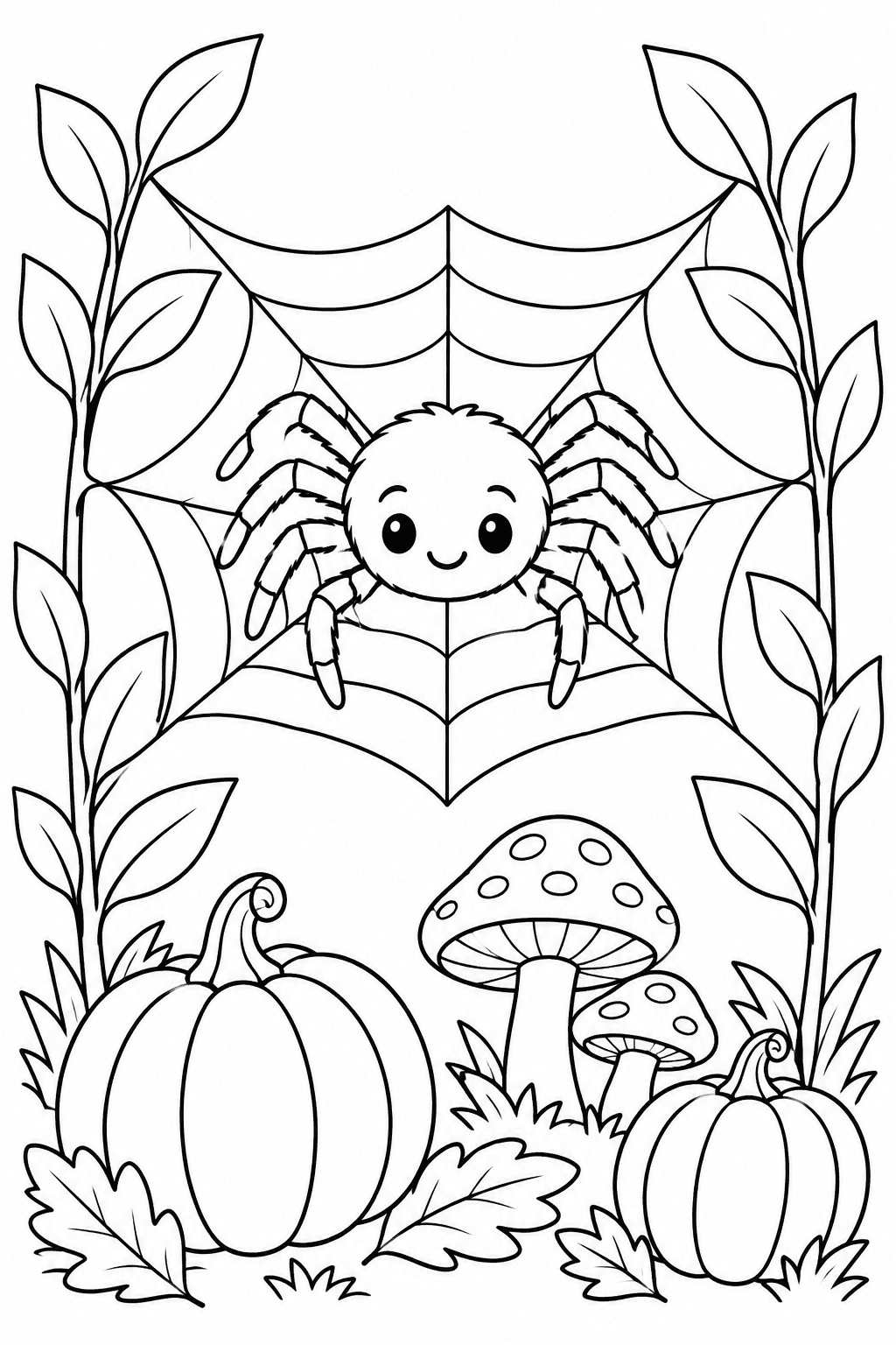 Halloween Spider Web Garden coloring page. A friendly spider in a web between plants, with mushrooms and pumpkins below.