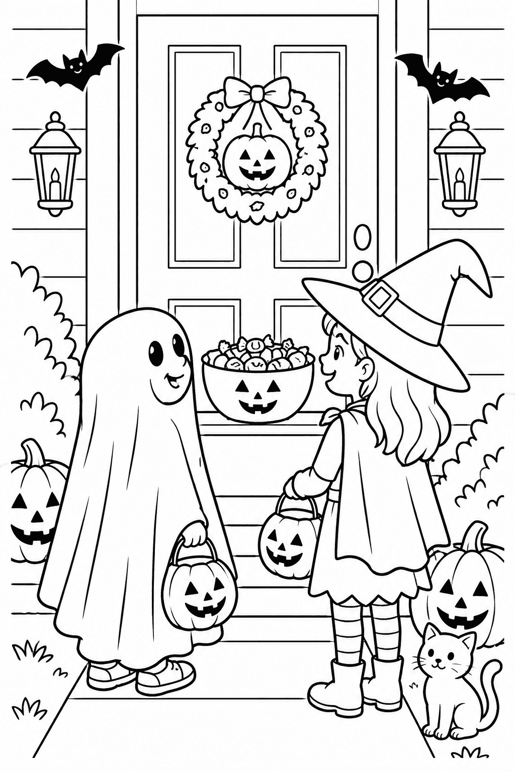 Halloween Trick-or-Treat Doorstep coloring page. Two costumed children visiting a front door decorated with pumpkins and a wreath.